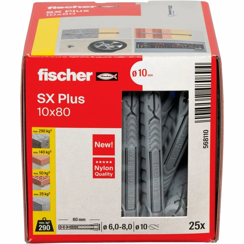 Fischer Kołek rozporowy SX Plus 10 x 80, pudełko 25 sztuk, nylonowe kołki do betonu, cegły pełnej