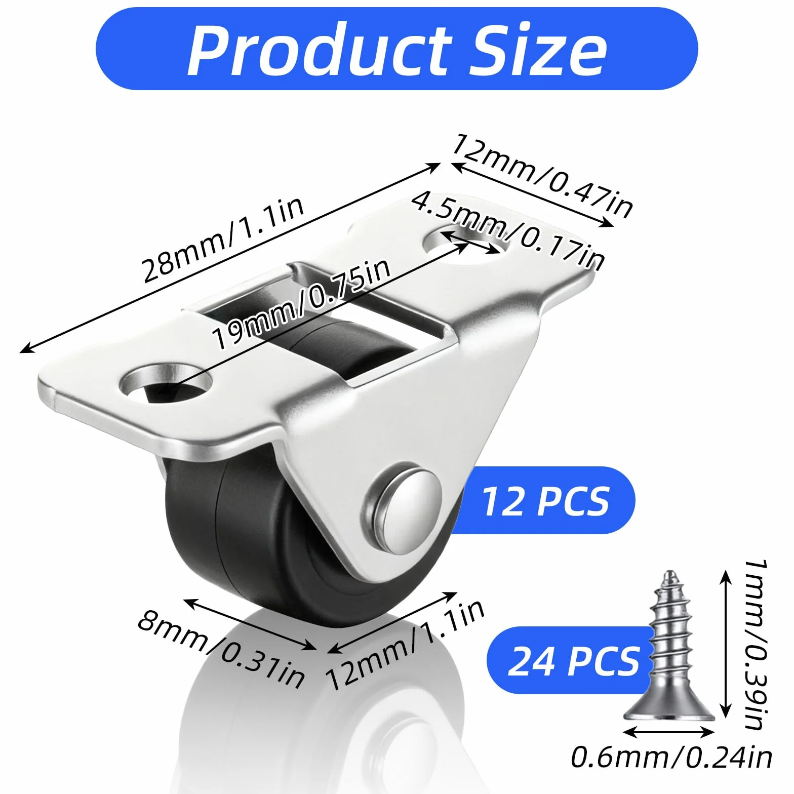 Gumowe kółka meblowe 12 mm, nieobrotowe, ciche, 12 sztuk z 24 śrubami, do mebli i małych urządzeń