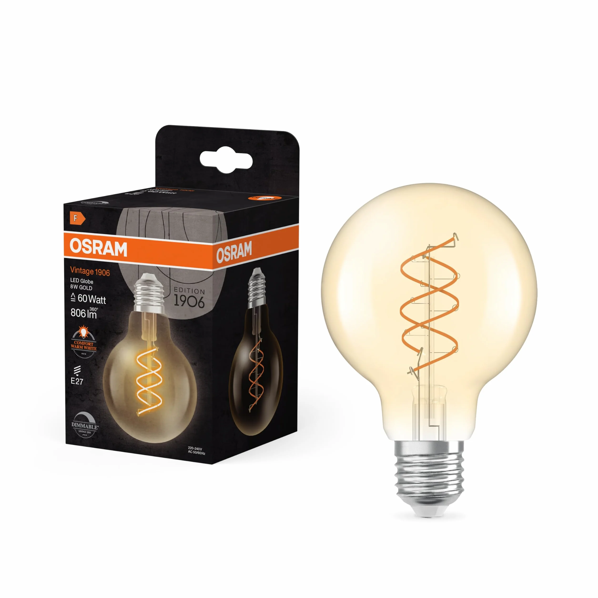 OSRAM Vintage 1906 Globe żarówka LED E27 8W 806lm 2200K ciepła biała ściemnialna złote szkło 80mm