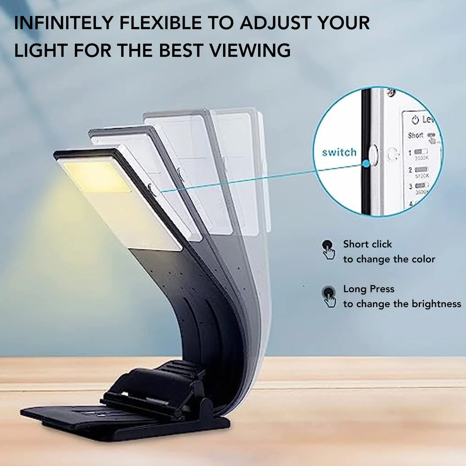 Akozon Clip Book Read Light 3 Temperatura Barwowa Kabel USB Ściemniająca Lampka do Czytania