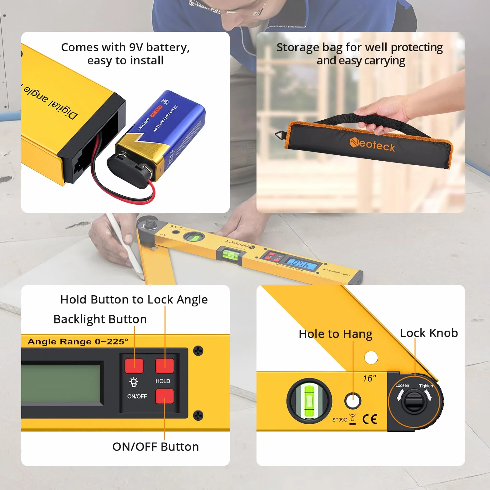 Neoteck Cyfrowy kątomierz 400 mm LCD 0-225° z poziomicą, złoty