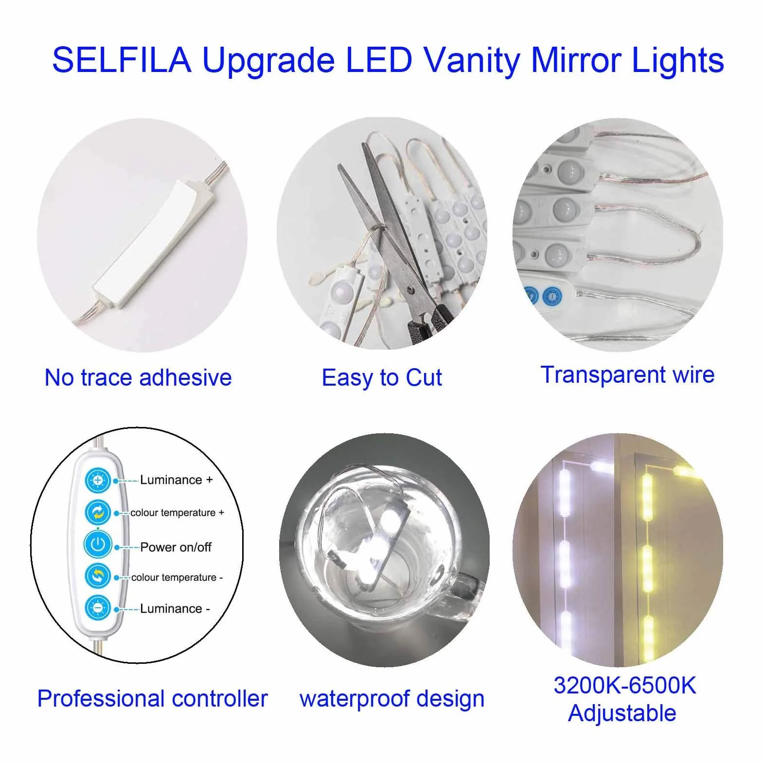 Lampa lustrzana LED, DIY hollywoodzki styl, światła do makijażu, zimna biel, kolor światła, ściemniany pasek świetlny, USB pasek świetlny do makijażu