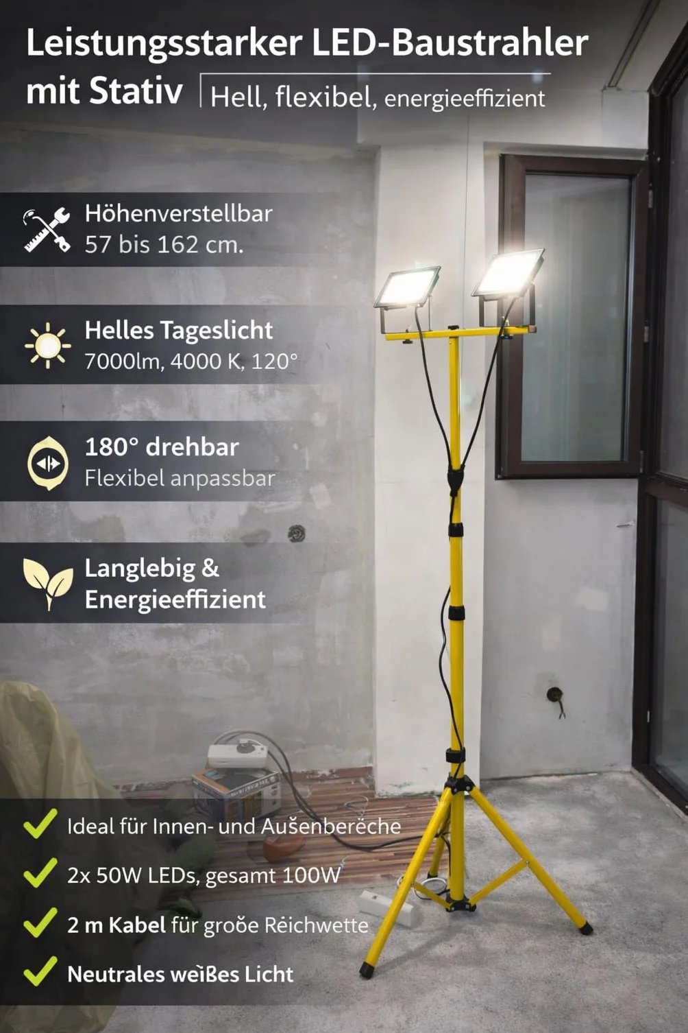 Latrans Reflektor budowlany LED 100W podwójny 2x50W 4000K 5m lampa robocza
