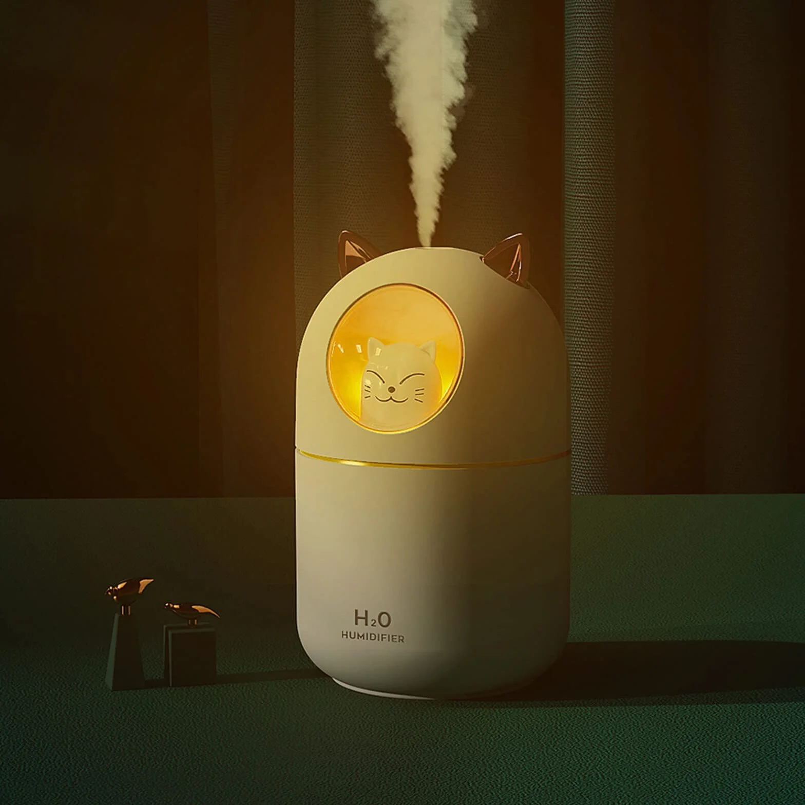 SANON Nawilżacz 300 ml, uroczy nawilżacz z kotem, mini nawilżacz USB z 2 trybami natryskiwania lampka nocna