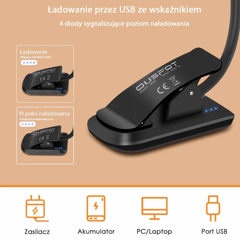 OUSFOT Lampka do Czytania z Klipsem 9 LED USB 3 Jasności Regulacja 360° Elastyczna Lampa LED