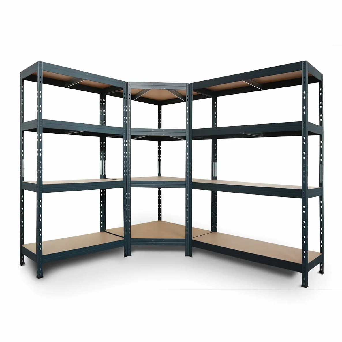 Zestaw regałów Rivet: 1 narożny 180x90x45x64,5 cm + 2 wtykowe 180x90x45 i 180x120x45 cm, 250 kg na półkę, kolor antracytowy