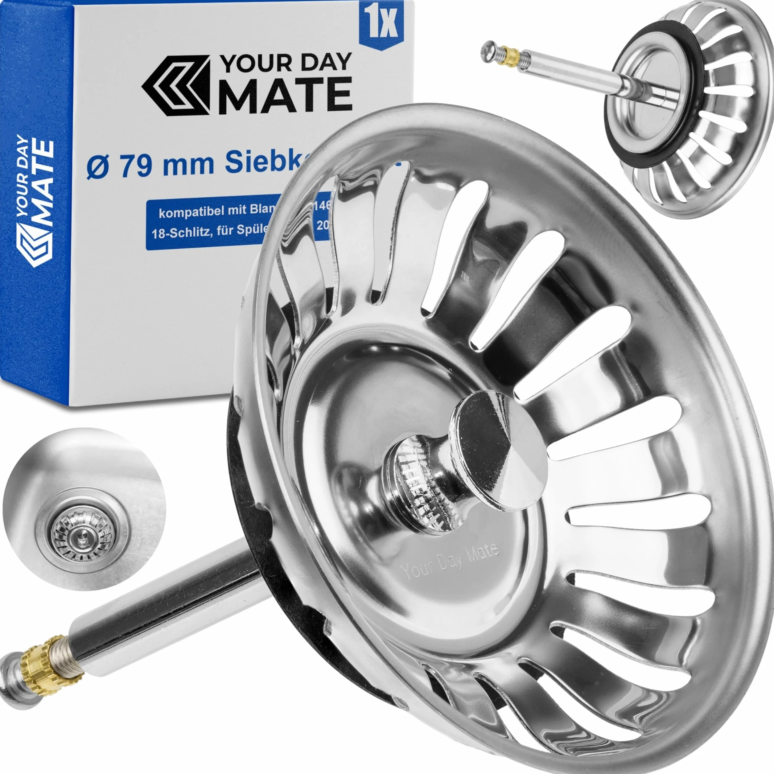 Koszyk sitka do zlewu kuchennego Ø 79 mm zamiennik 119146 Blanco 3,5" 18-szczelinowy króciec mimośrodowy 52-97 mm trzpień Ø 8 mm