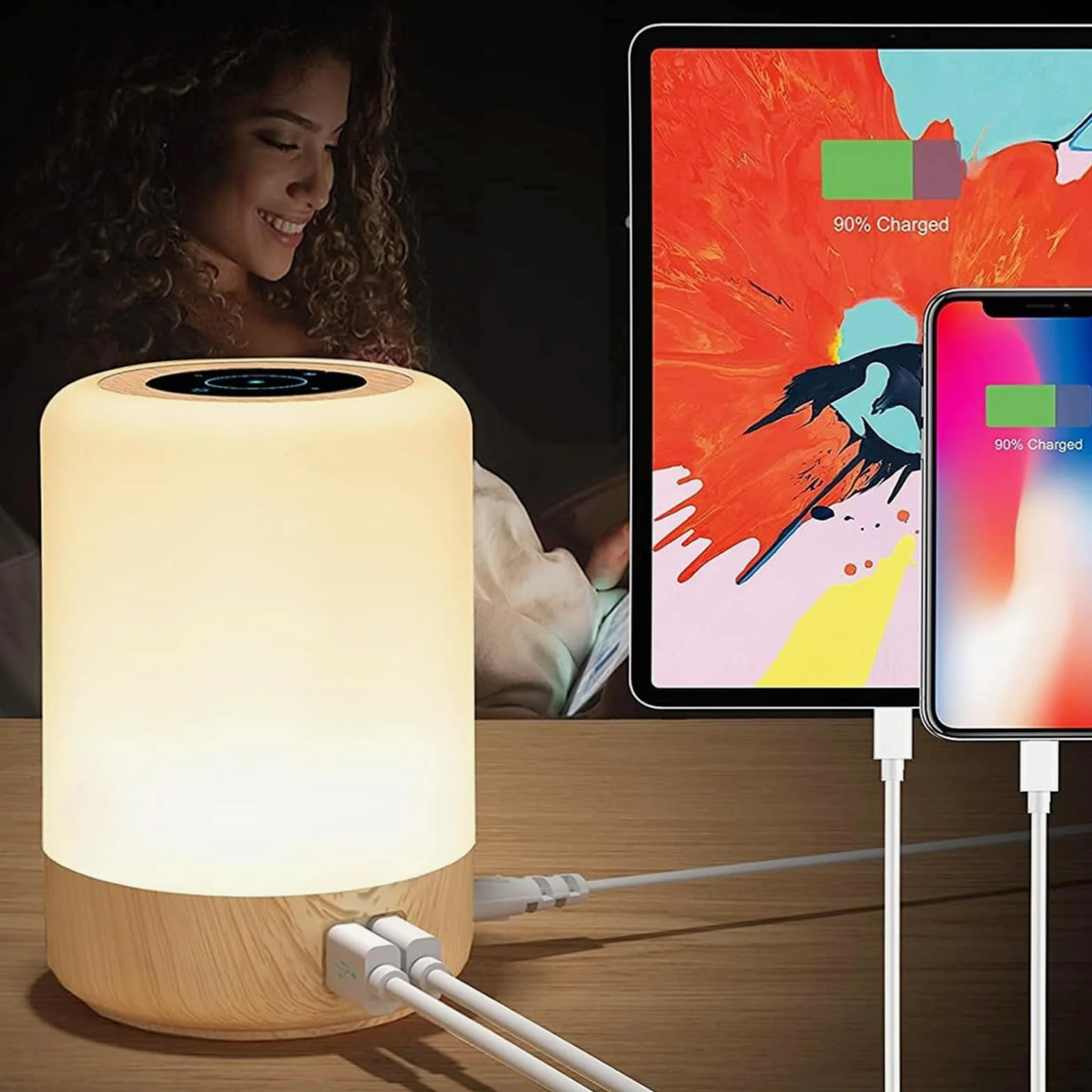 Lampka Nocna LED Dotykowa Ściemniana 4 Porty USB-A 8 Kolorów 10 Poziomów Jasności Lampa Stołowa do Sypialni