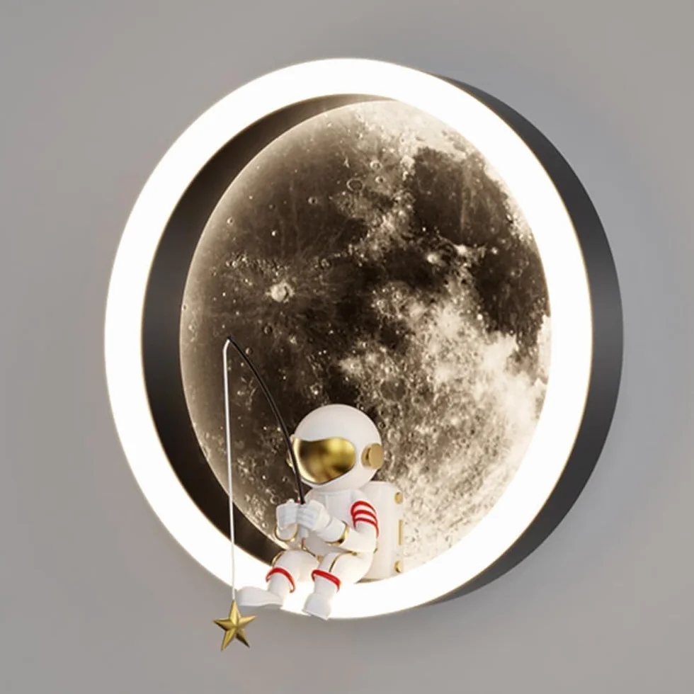 Lampa ścienna LED dla dzieci księżyc, dekoracja astronauty pokój dziecięcy dekoracja zagłówka kinkiet ścienny, 3000k 12W okrągła lampa ścienna do pokoju dziecięcego (A: biała)