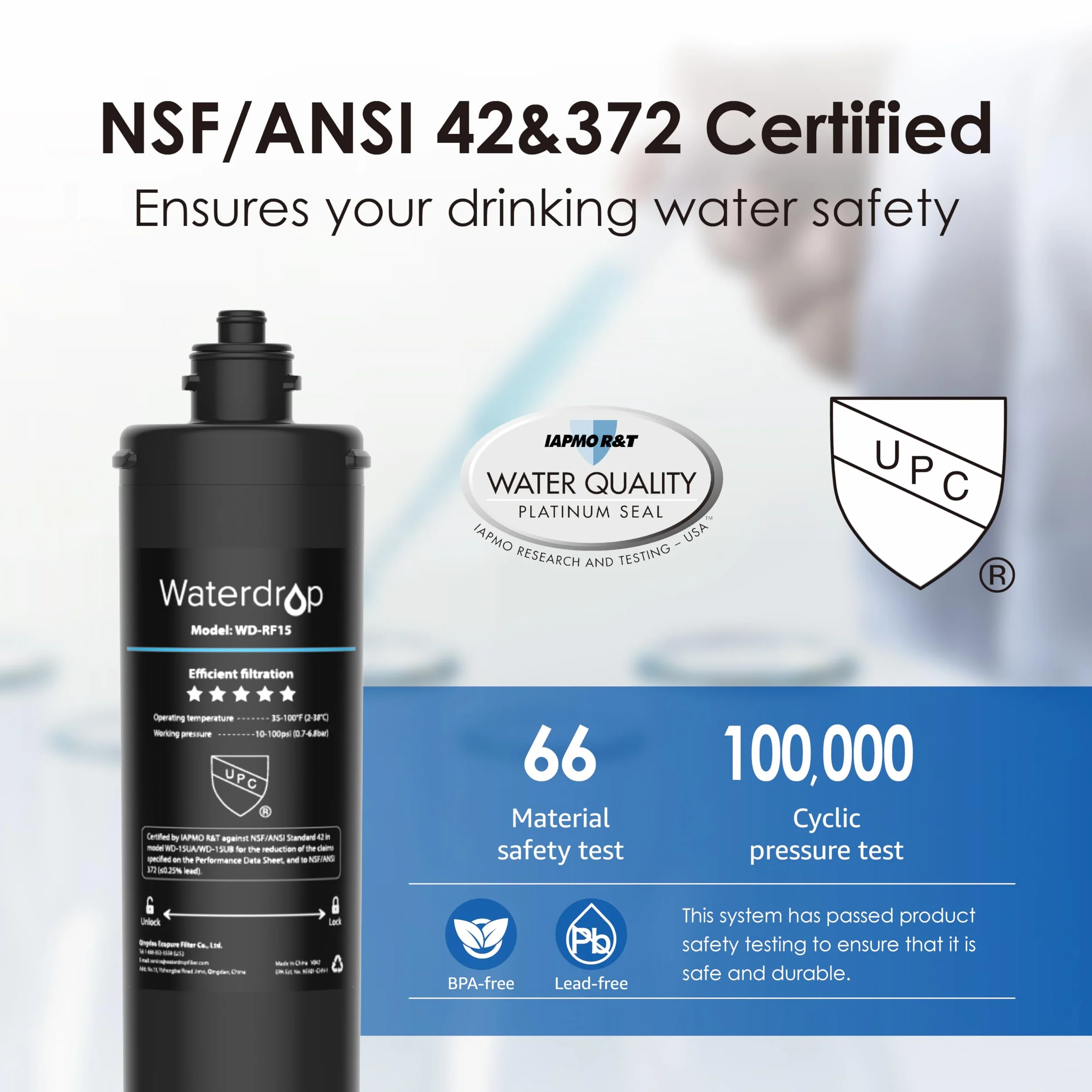 Waterdrop RF15 zapasowy wkład filtrujący do filtra wody 15UA/15UB pod zlewem, redukuje PFOA/PFOS, PFAS, ołów, chlor, nieprzyjemny smak i zapach, certyfikat NSF/ANSI 42, 70 000 litrów