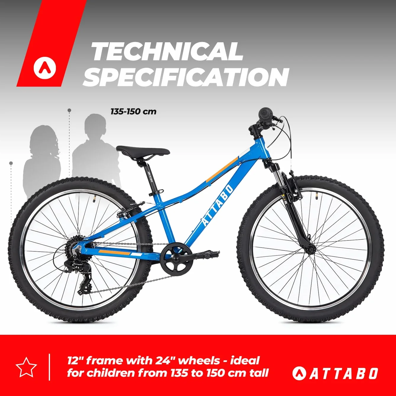 ATTABO MTB JR rower górski z aluminiową ramą, 12", rower dziecięcy z kołami 24" z akcesoriami, ergonomiczna kierownica V-Brake, regulowane siodełko, 8-biegowa przerzutka łańcuchowa