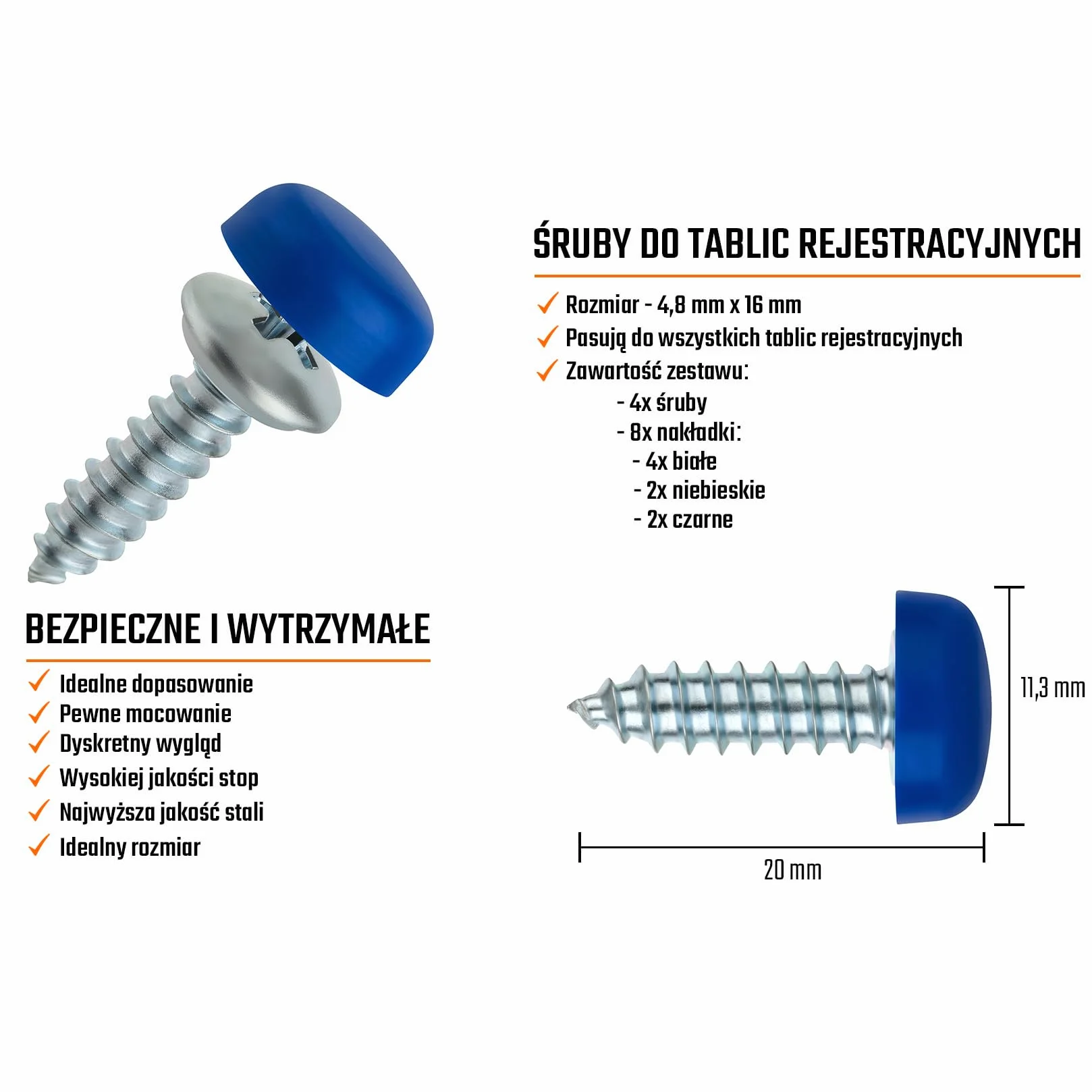 Zestaw 4 śrub do tablicy rejestracyjnej 4,8 x 16 mm z zaślepkami mocowanie