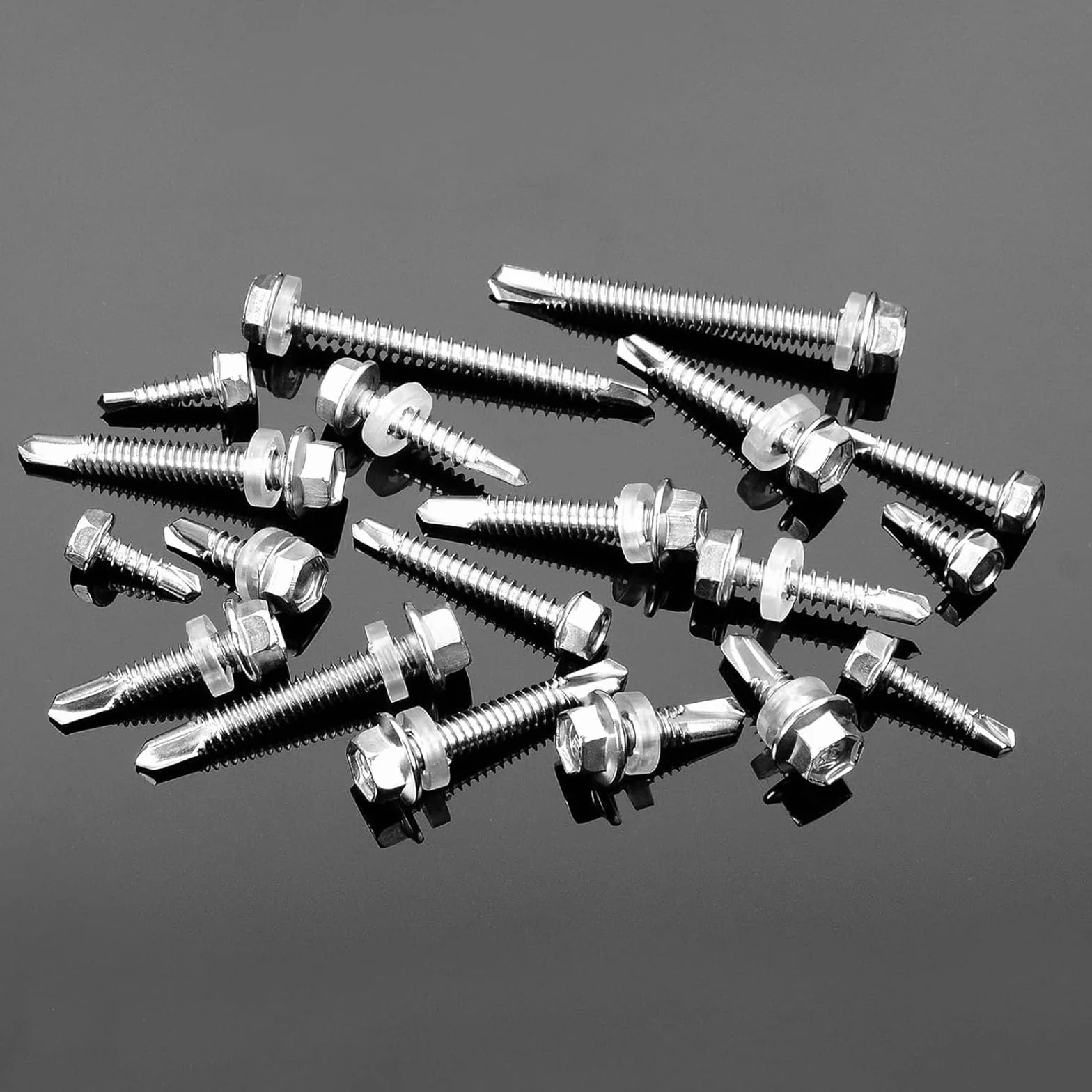 Wkręty samogwintujące 6,3 x 75 mm ze stali nierdzewnej, łeb sześciokątny, z podkładką uszczelniającą