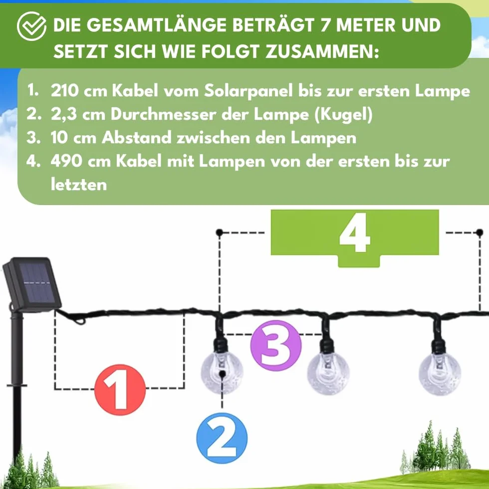KRUMAD Girlanda Solarna LED 50 Lampek 7m Wodoodporna IP65 Ciepłe Światło 4 Tryby