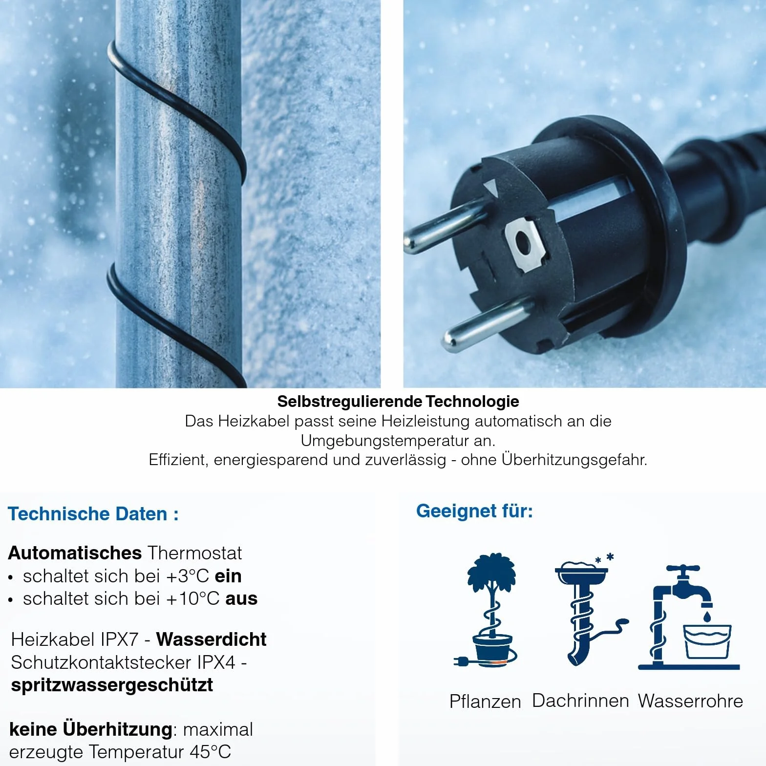 as - Schwabe 67010 Kabel Grzewczy z Termostatem, IP44, 230 V, 50/60 Hz, Długość Kabla 2 m, Czarny