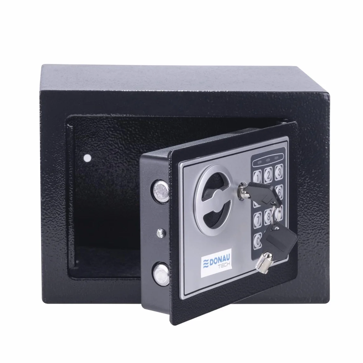 DONAU TECH cyfrowy mini sejf 4,6 l / 23 x 17 x 17 cm, ręczny elektroniczny, mały sejf do mebli, z cyfrowym hasłem i 2 kluczami bezpieczeństwa, czarny