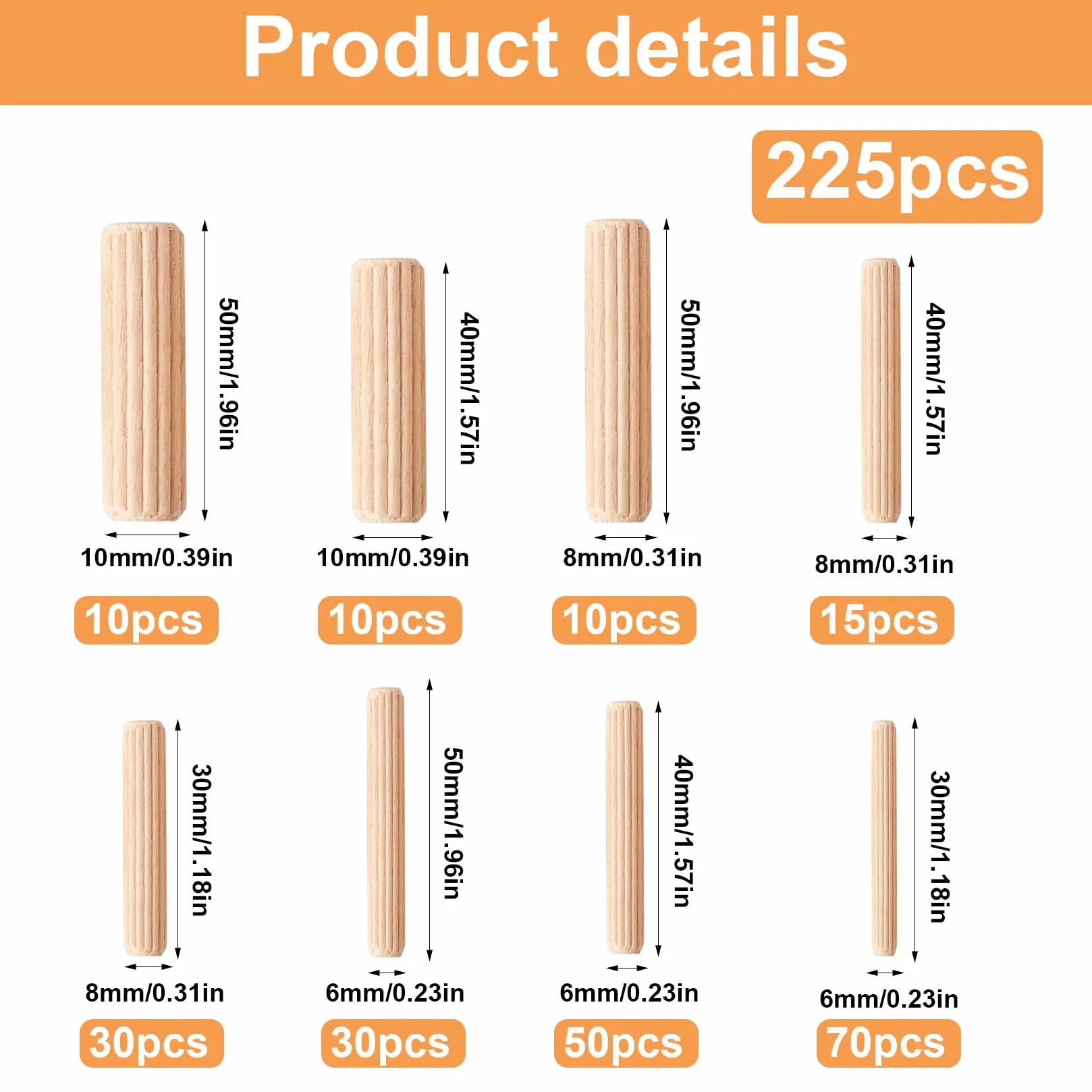 Zestaw 225 drewnianych kołków rozporowych 6 mm 8 mm 10 mm stożkowe i żebrowane do mebli majsterkowania