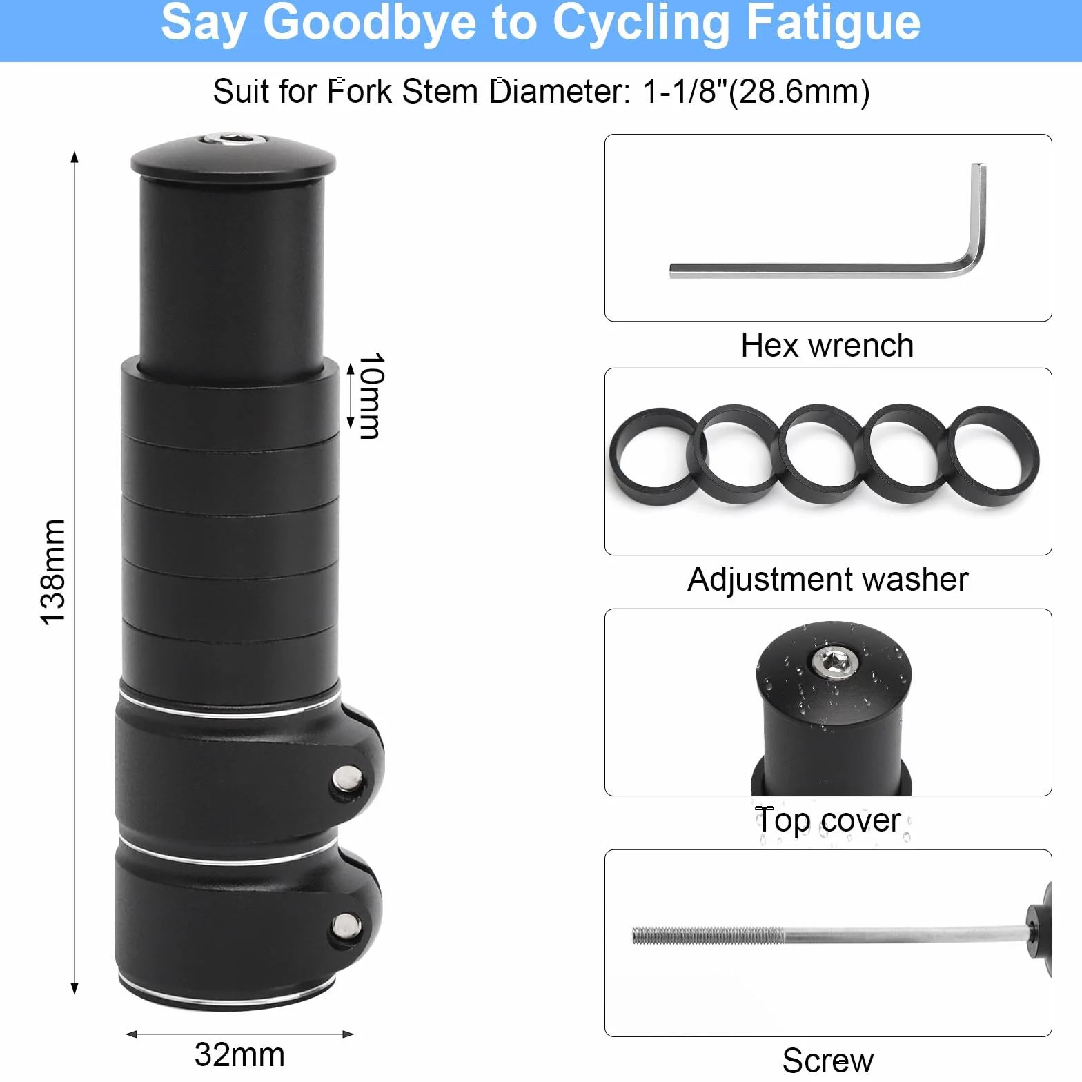 APOMOONS Podwyższenie kierownicy roweru z kluczem sześciokątnym, podwyższenie kierownicy z aluminium, kostka, podwyższenie kierownicy roweru MTB, 28,6 mm, do rowerów wyścigowych i miejskich (czarne
