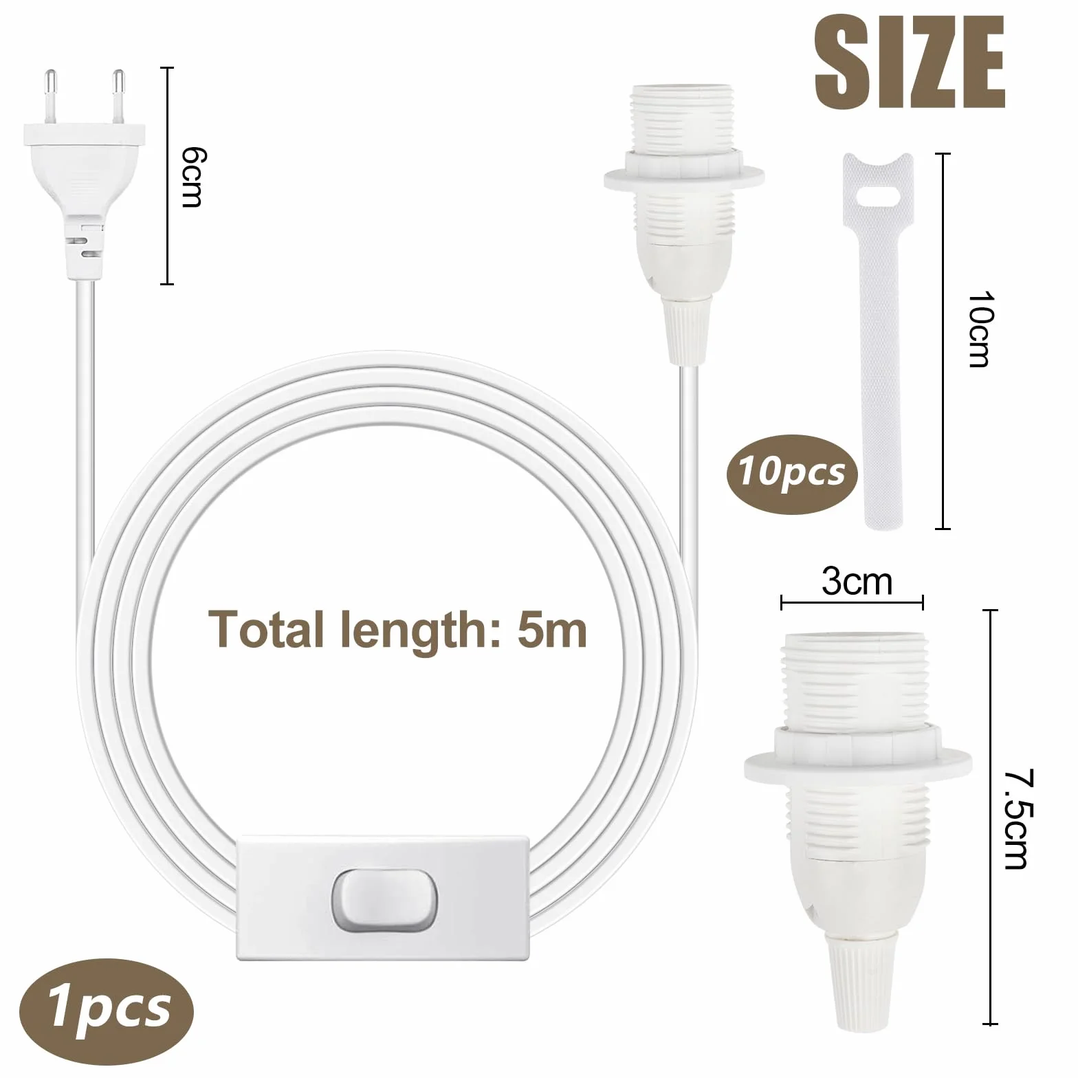 Oprawka lampy E14 z przełącznikiem i wtyczką biała 5m 2x0,75mm² pierścień śrubowy