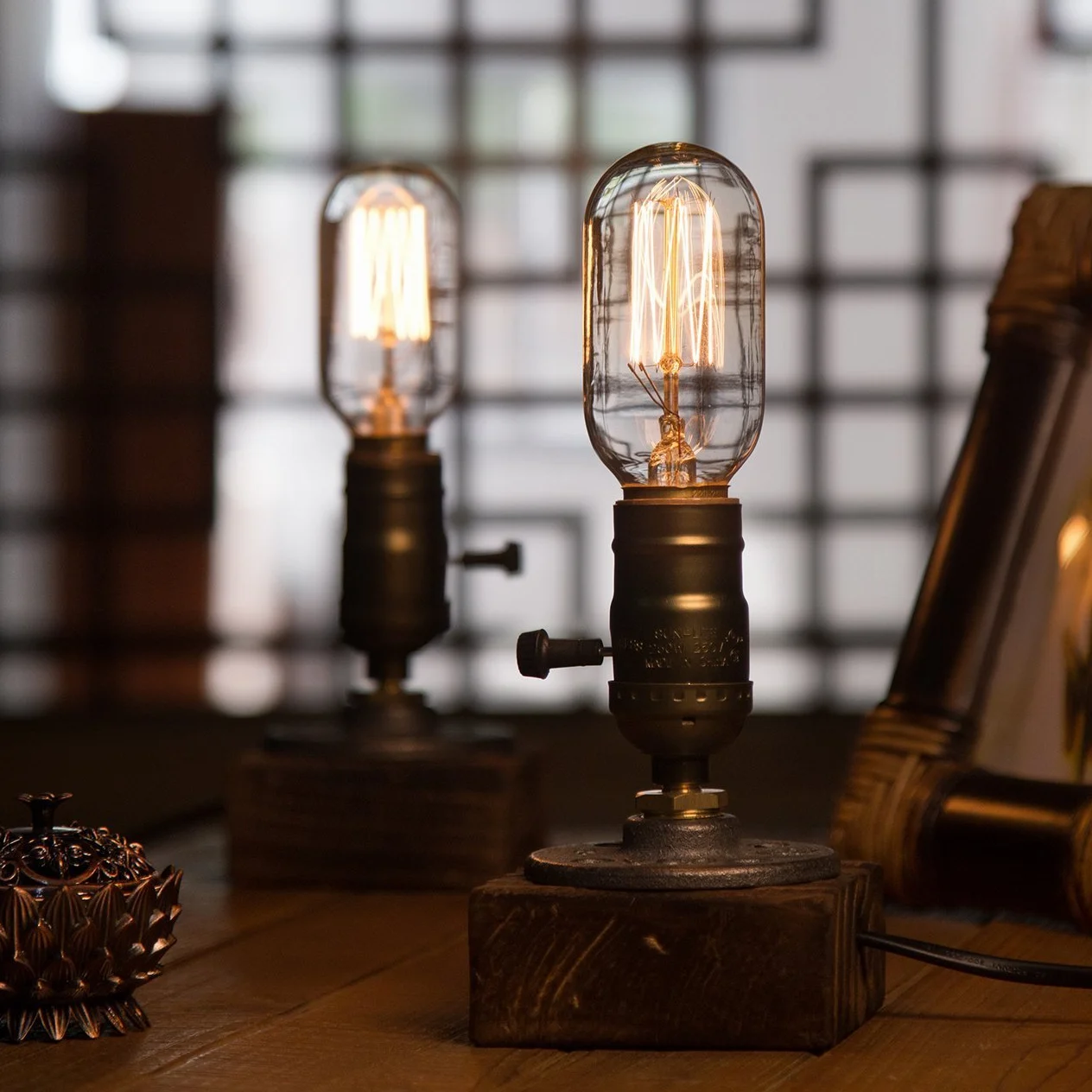 E27 vintage drewniane bloki lampa stołowa lampa biurkowa do kawiarni baru studio, lampka nocna na stolik nocny ściemniana bez żarówki