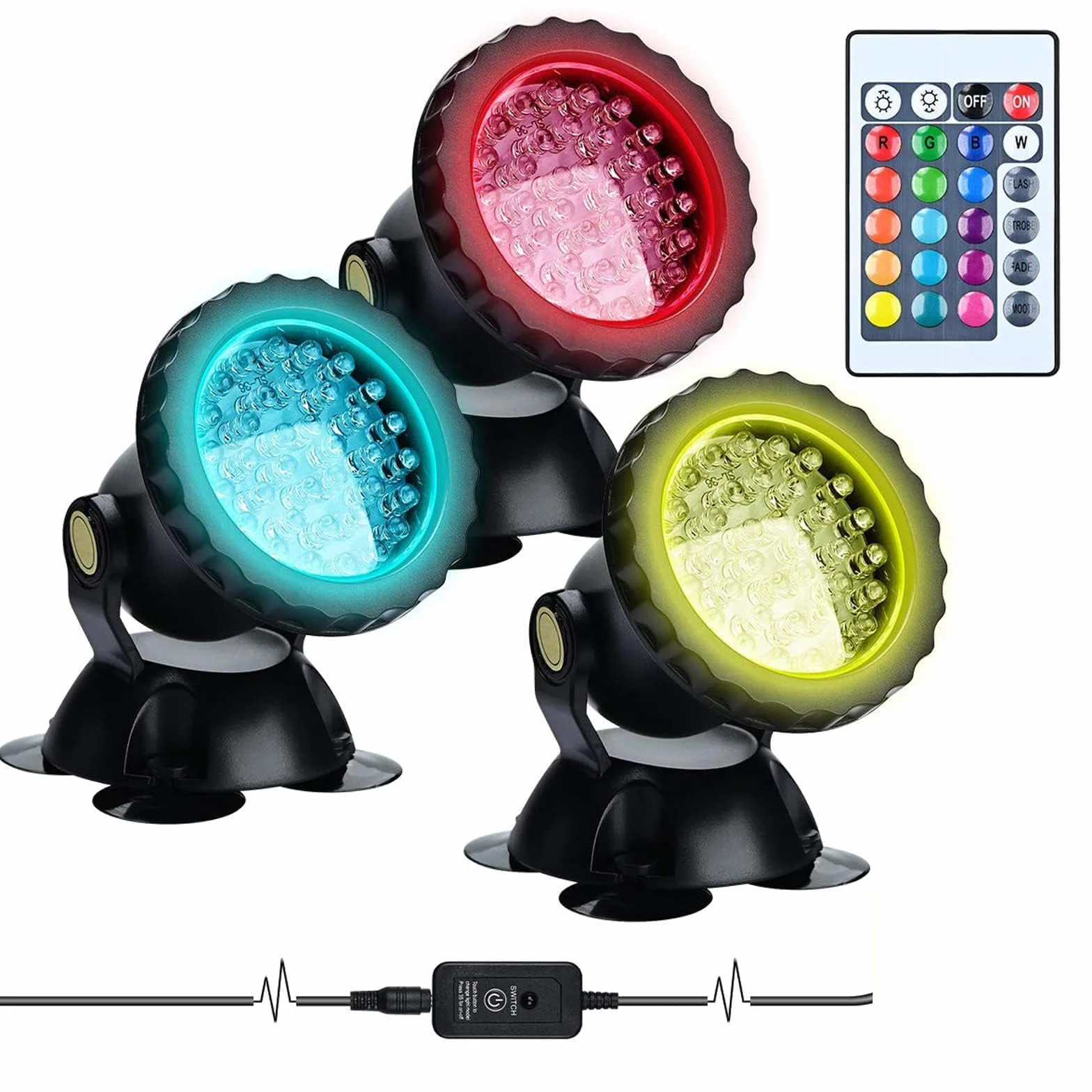 Lychee RGB, reflektor do akwarium, oświetlenie podwodne, oświetlenie zanurzeniowe dla ryb, wodoodporna lampa LED, IP68, regulowany kąt, światło z pilotem, do basenu i fontanny w ogrodzie, 3 sztuki