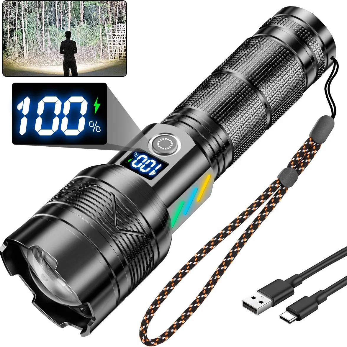 Latarka LED 30000 lumenów 5 trybów LCD regulowana ostrość wodoszczelna EDC Flashlight