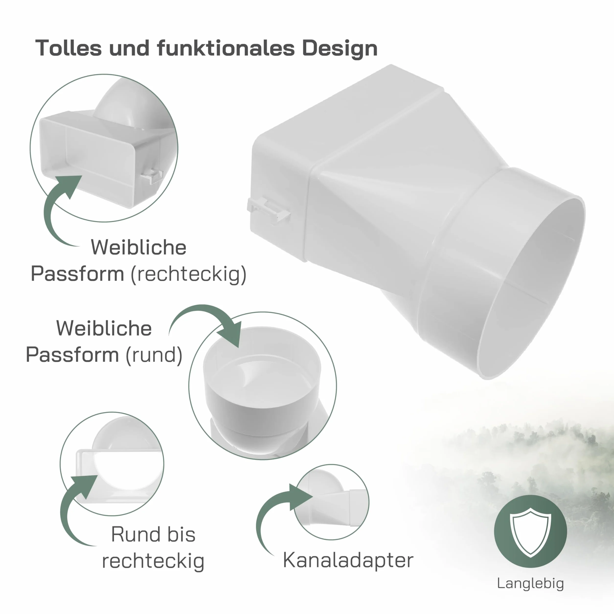 Vent Systems 150 x 75 mm, prostokątne, płaskie do Ø 125 mm, okrągłe złącze kanałowe – krótki poziomy wlot rury, sprzęgło wylotowe, ogrzewanie, chłodzenie, przyłącze wentylacyjne, adapter systemowy