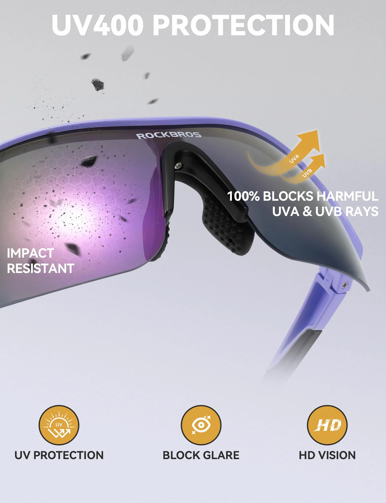 ROCKBROS Polaryzacyjne okulary rowerowe dla mężczyzn i kobiet z 3 wymiennymi soczewkami 23 g, ultralekkie okulary sportowe, szybka wymiana, regulowana nakładka na nos UV400, do biegania, jazdy