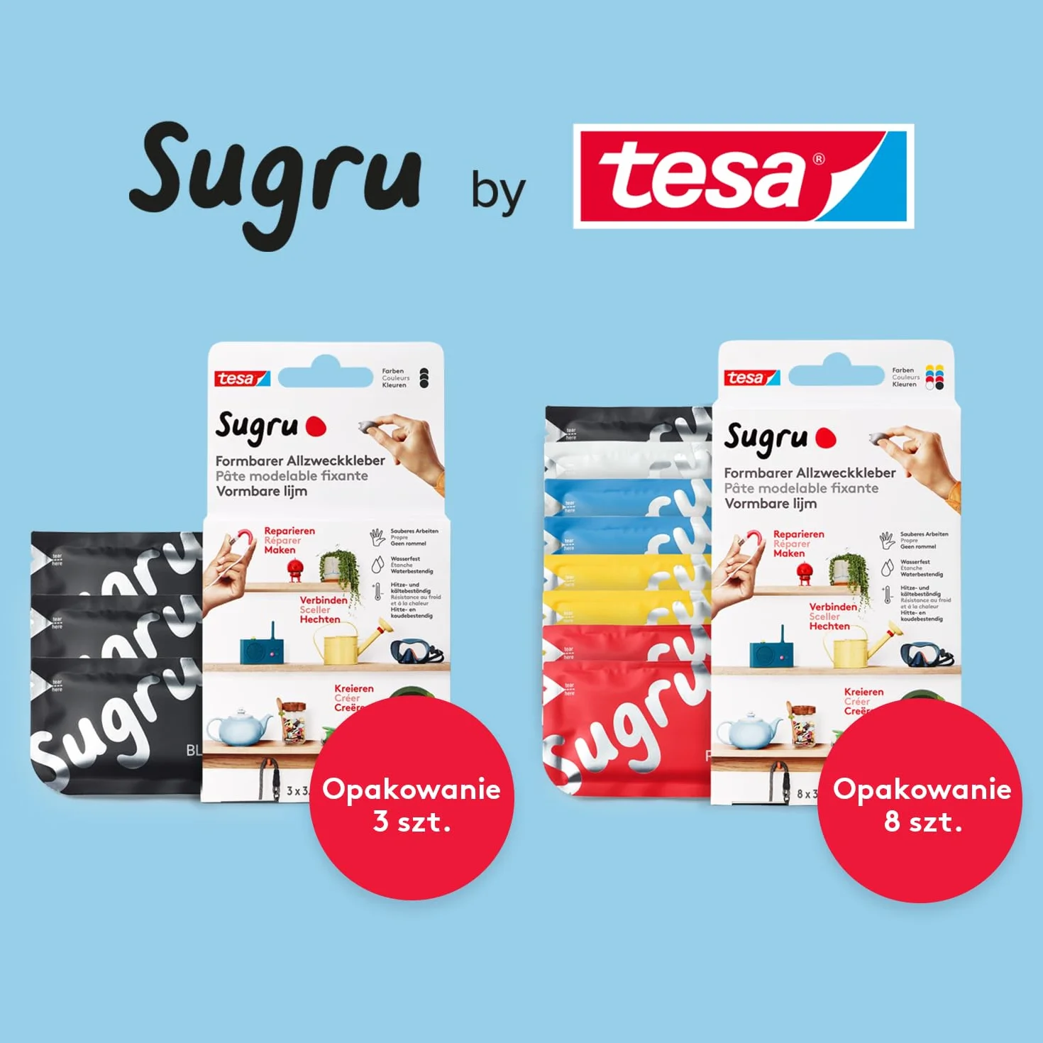 tesa Sugru uniwersalny klej formowalny silikonowa guma do napraw klejenia mocowania ośmiopak 8 x 3,5 g czarny