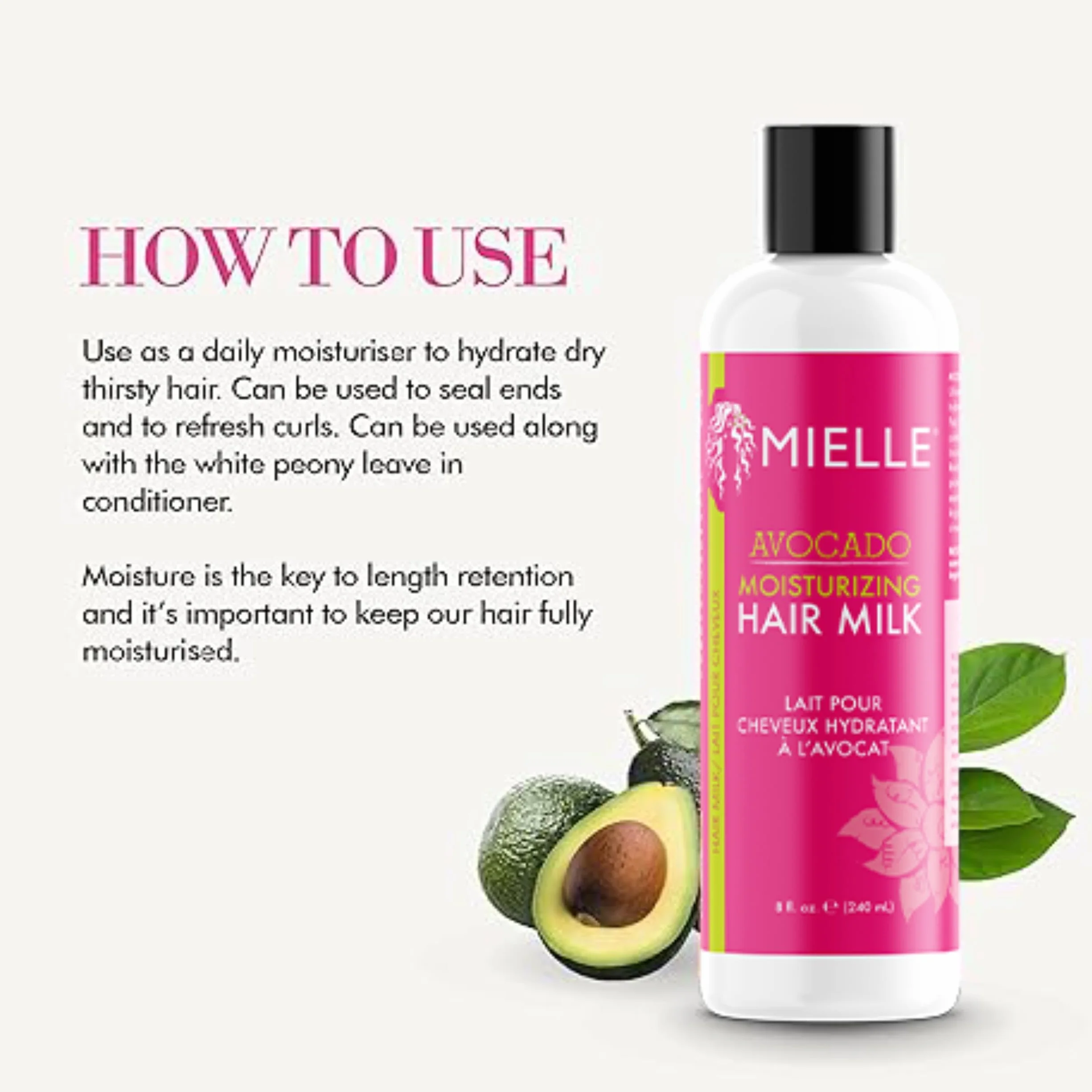 Mielle Avocado nawilżające mleczko do włosów, do wszystkich rodzajów włosów, ekologiczne, 227 ml (1 opakowanie)