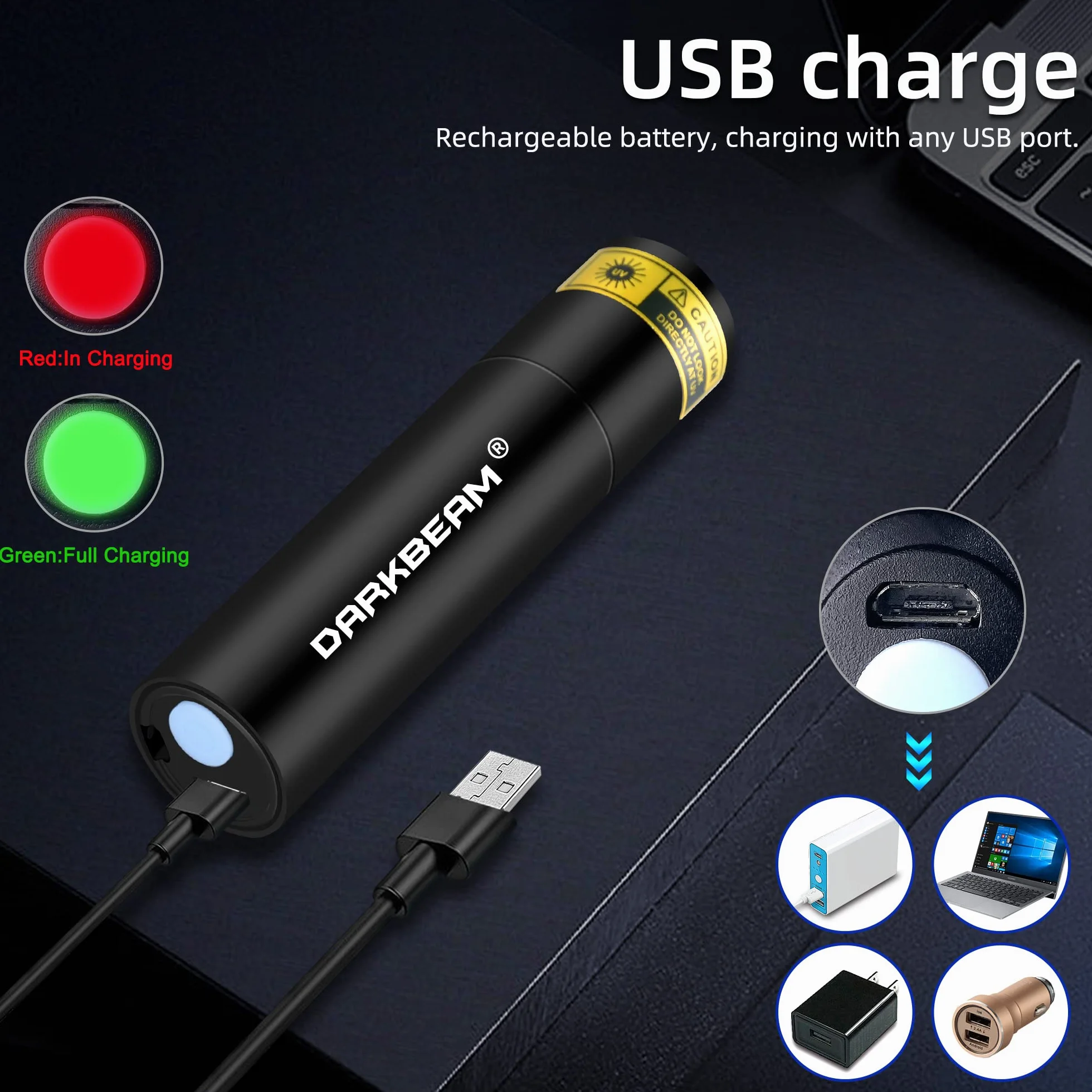 DARKBEAM Latarka UV 365nm Blacklight, Mini Potężna Lampa Leśna USB-C Akumulator, Latarki LED Ultrafioletowe Wykrywacz moczu zwierząt domowych, 2szt