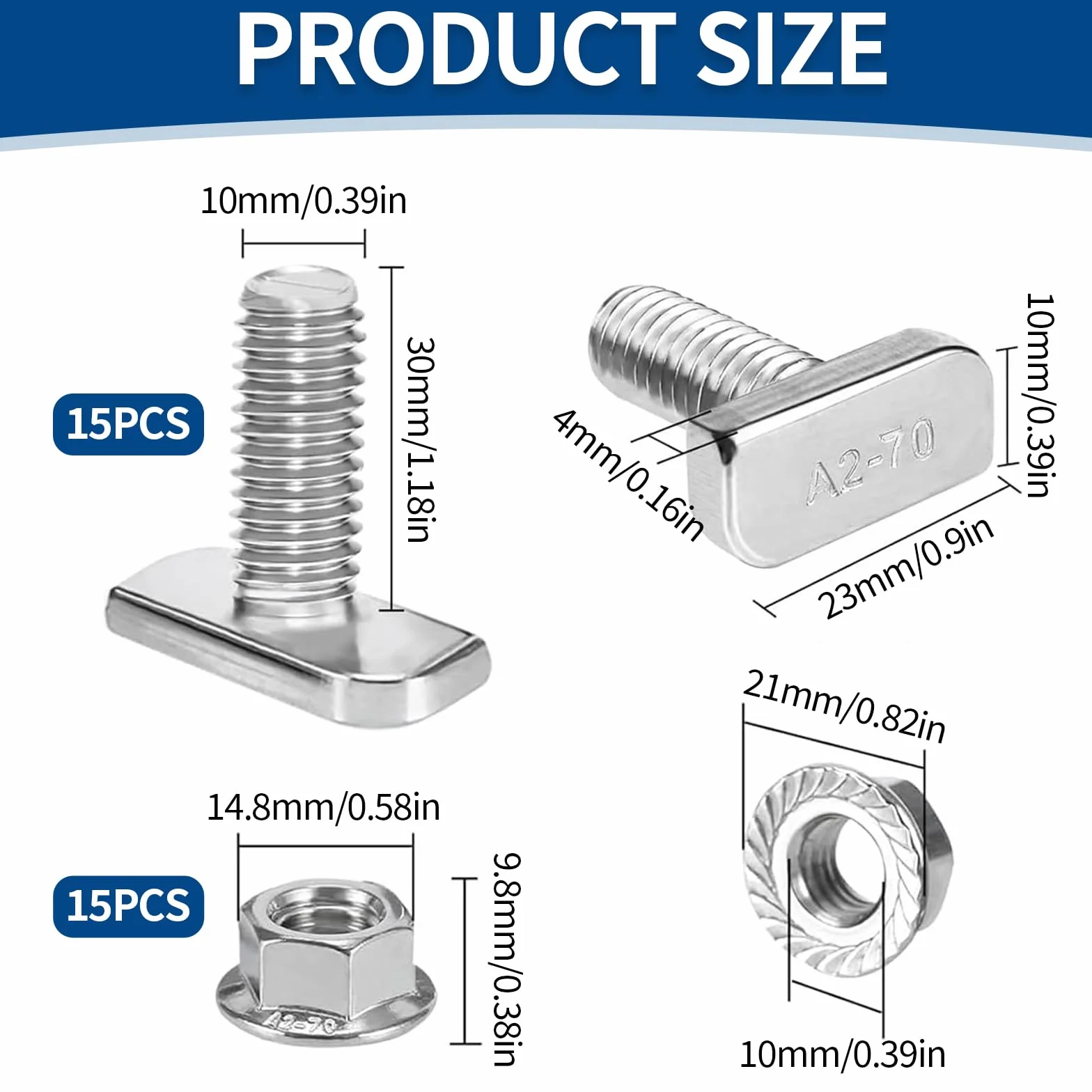 15 sztuk śrub z łbem młotkowym M10 x 30 mm, śruby T 304, stal nierdzewna A2-70, z nakrętkami kołnierzowymi, śruby do szklarni, do szyn montażowych PV solarnych, szklarni, fotowoltaicznych, 15 sztuk