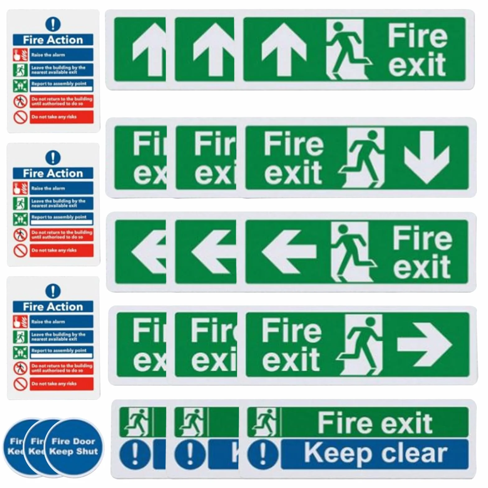 Znak Fire Exit, zestaw naklejek samoprzylepnych, 21 x duża czcionka, człowiek biegnący prawo, znaki bezpieczeństwa