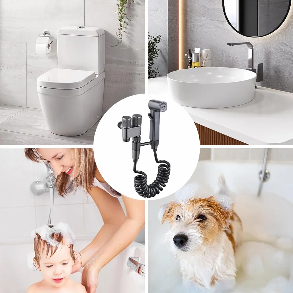 Bidet słuchawka prysznicowa zestaw montowany na ścianie z uchwytem obrotowym wąż sprężynowy 2 m i podwójny zawór