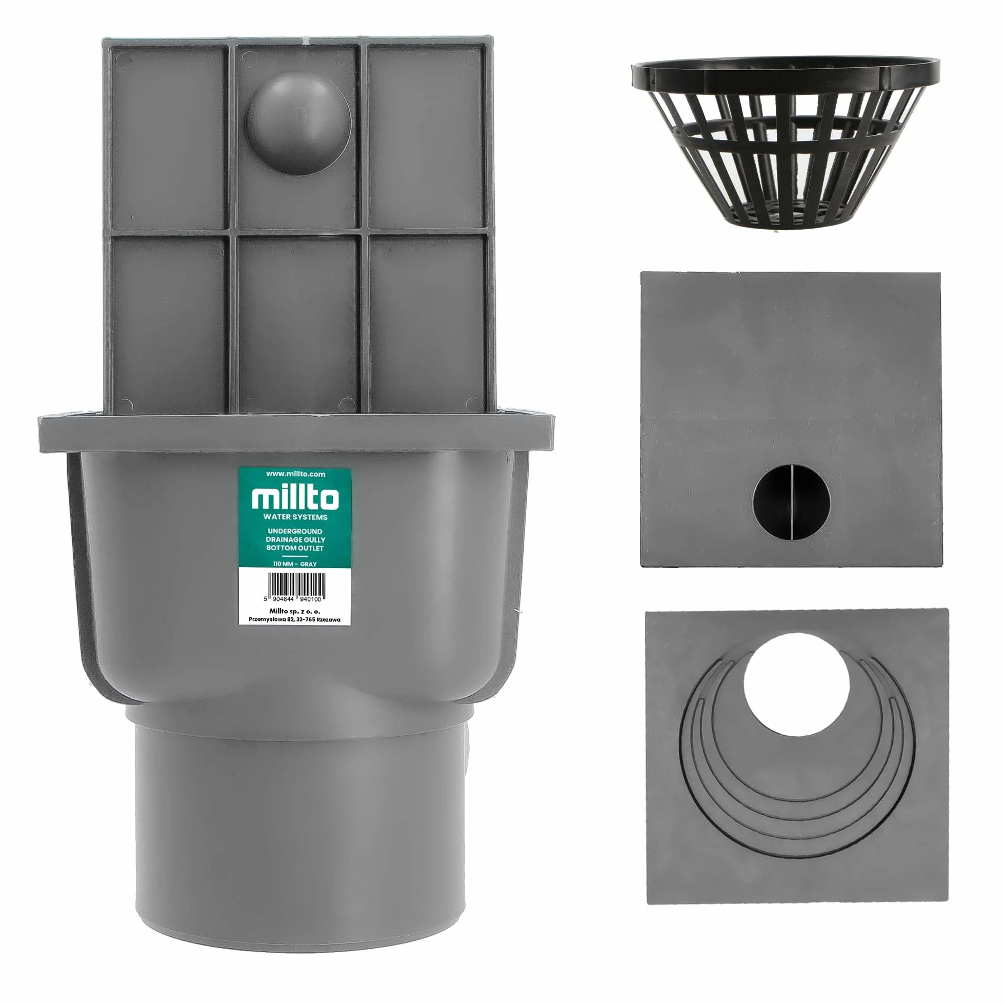 Millto™ Osadnik Rynny Dolny Czyszczak Rynnowy Studzienka Rewizja Plastikowa Rury Spustowej 110 mm Wpust z Pionowym Odpływem Deszczówki Sitko Odpływ Dachowy Szary