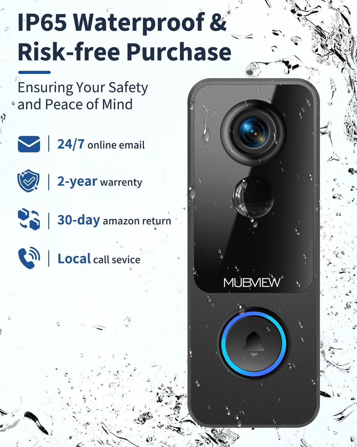MUBVIEW Bezprzewodowy dzwonek do drzwi z kamerą HD 1080P, Wi-Fi 2,4 GHz, detekcja ruchu PIR, noktowizor, wodoodporny