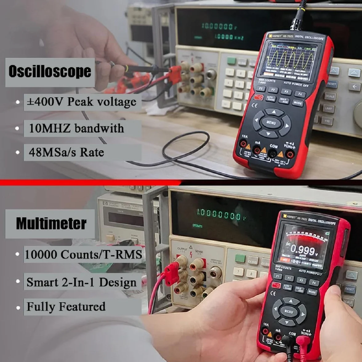 Ręczny oscyloskop, multimetr cyfrowy liczący 9999 z pirometrem z sondą K, szerokość pasma 10 MHz, próbkowanie 48 MSa/s, funkcja automatycznej kalibracji CC/AC