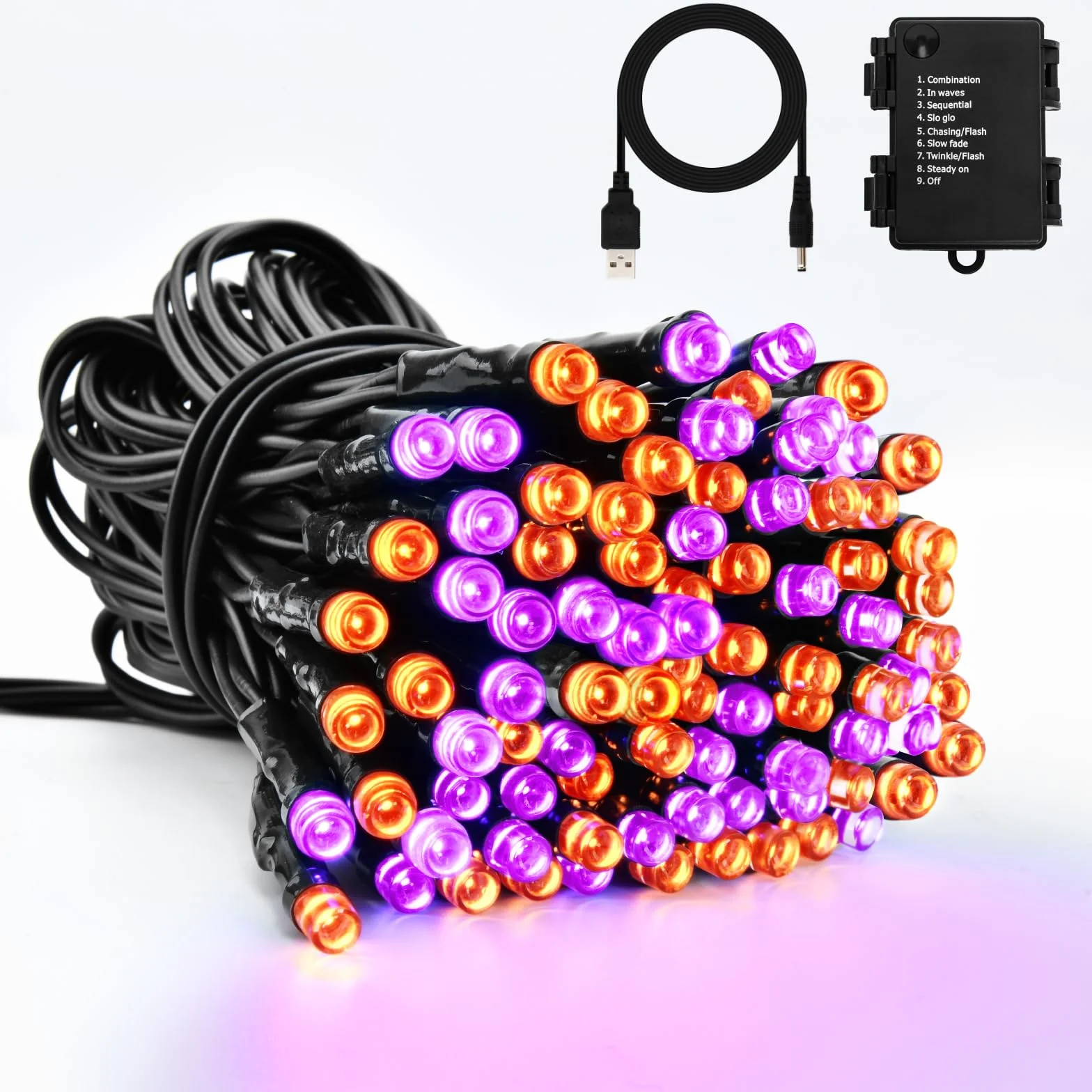 Dalugo Łańcuch świetlny na baterie, 5 m, 50 diod LED, USB, pomarańczowy, fioletowy, z timerem, 8 trybów, wodoszczelność IP65, z czarnym kablem do użytku wewnątrz i na zewnątrz