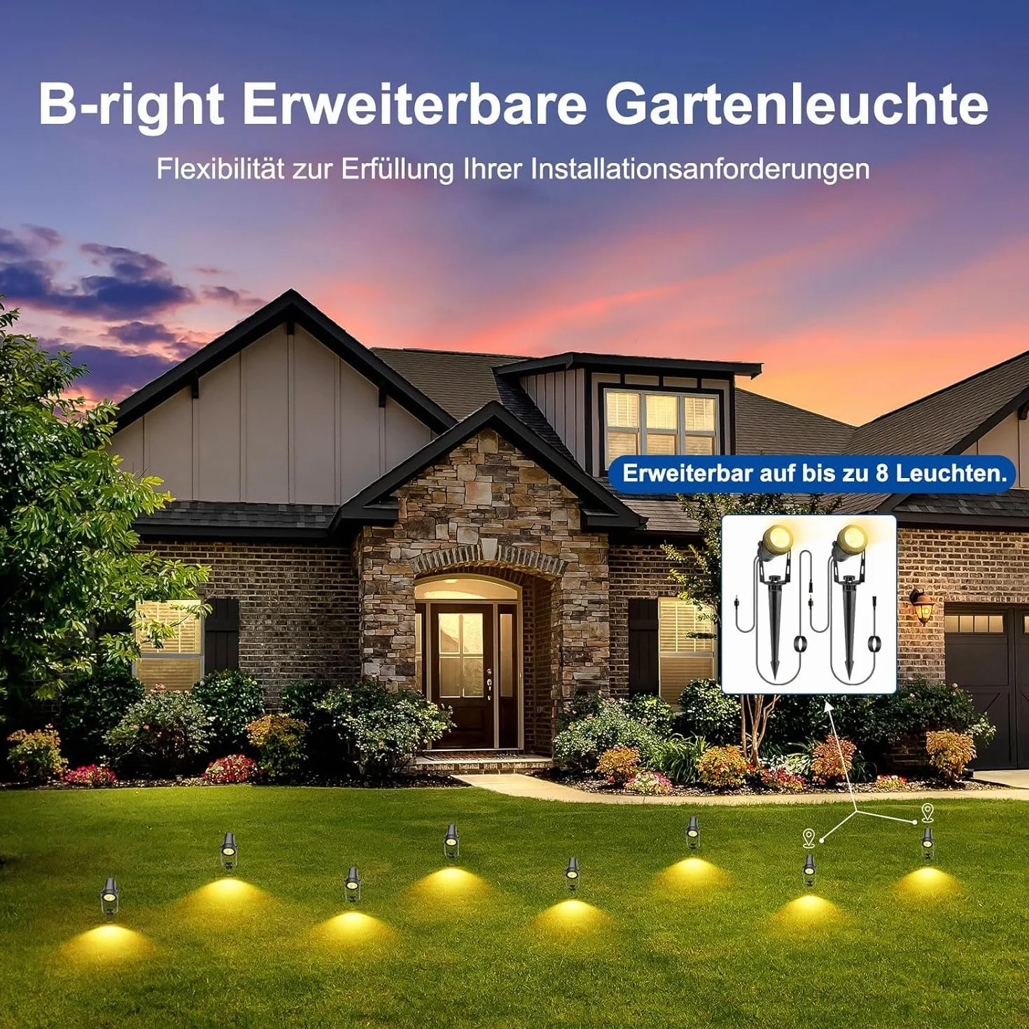 B-right 4 x 3 W reflektor zewnętrzny LED, miejsce ogrodowe, oświetlenie ogrodowe, oświetlenie ogrodowe 15 m z kablem, lampa ogrodowa ze słupkiem ziemnym, lampa zewnętrzna do ogrodu na balkon taras