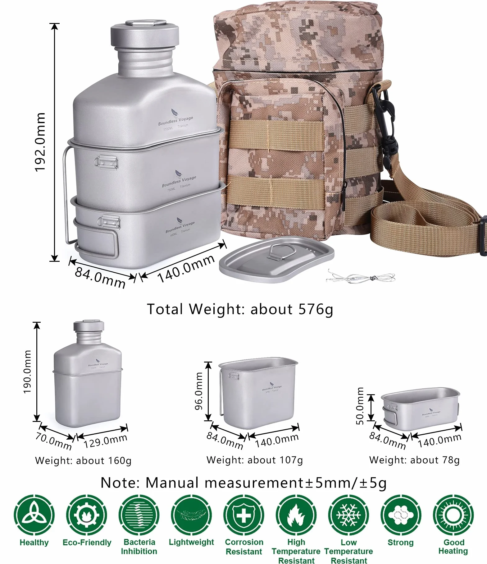 Boundless Voyage Tytanowa butelka polowa 1100 ml, pojemność 750 ml, 400 ml, kubek outdoorowy, naczynia do gotowania, wojskowe, stołówka, zestaw do gotowania, butelka na wodę z nerkami, z woreczkiem