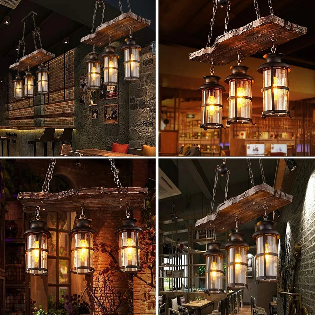 Lampa wisząca vintage E27, przemysłowa retro drewno czarna żelazo i szkło, klosz loft z regulacją wysokości