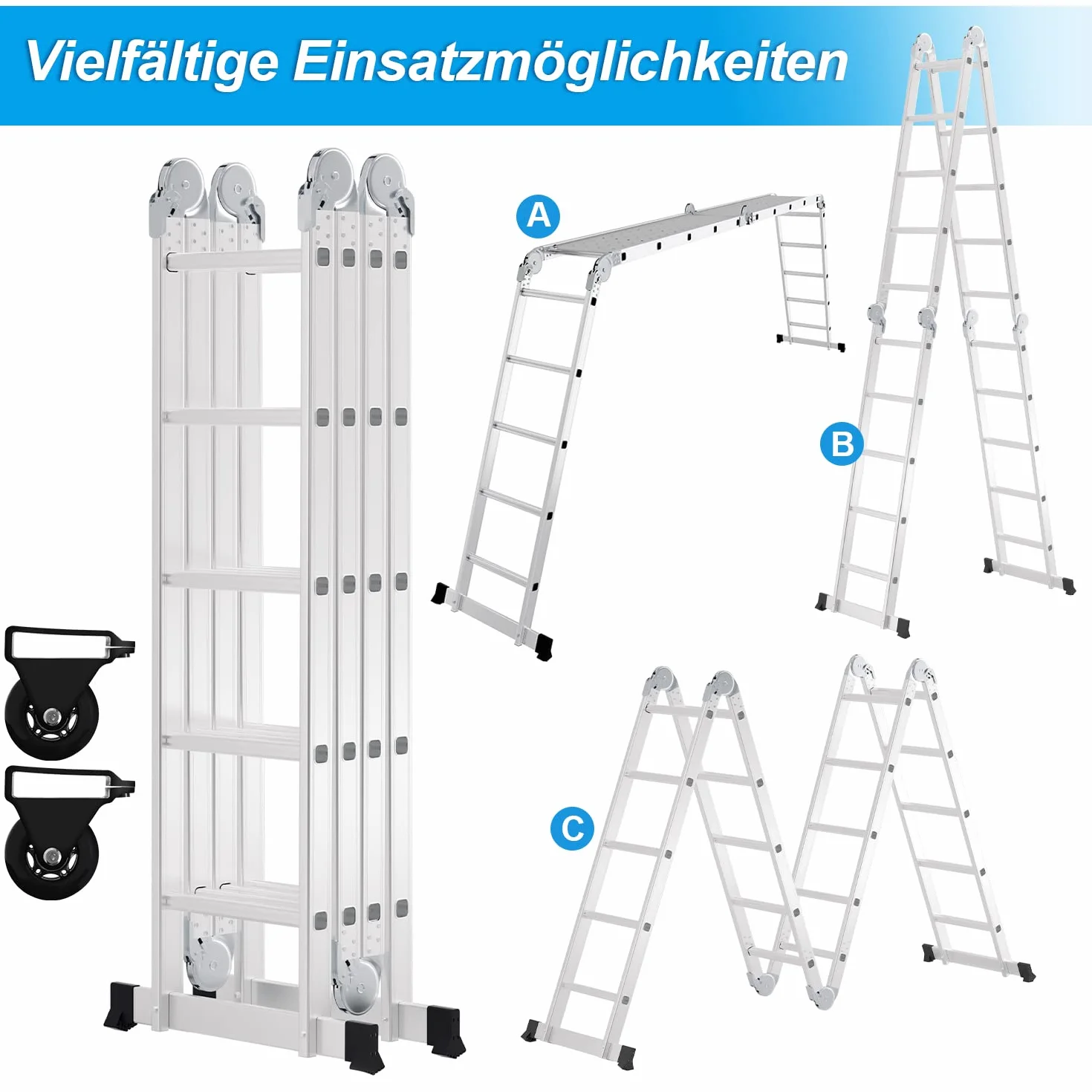 5,8 m aluminiowa drabina wielofunkcyjna z platformą, 2 płytami rusztowania, do 150 kg, 20 stopni, srebrna