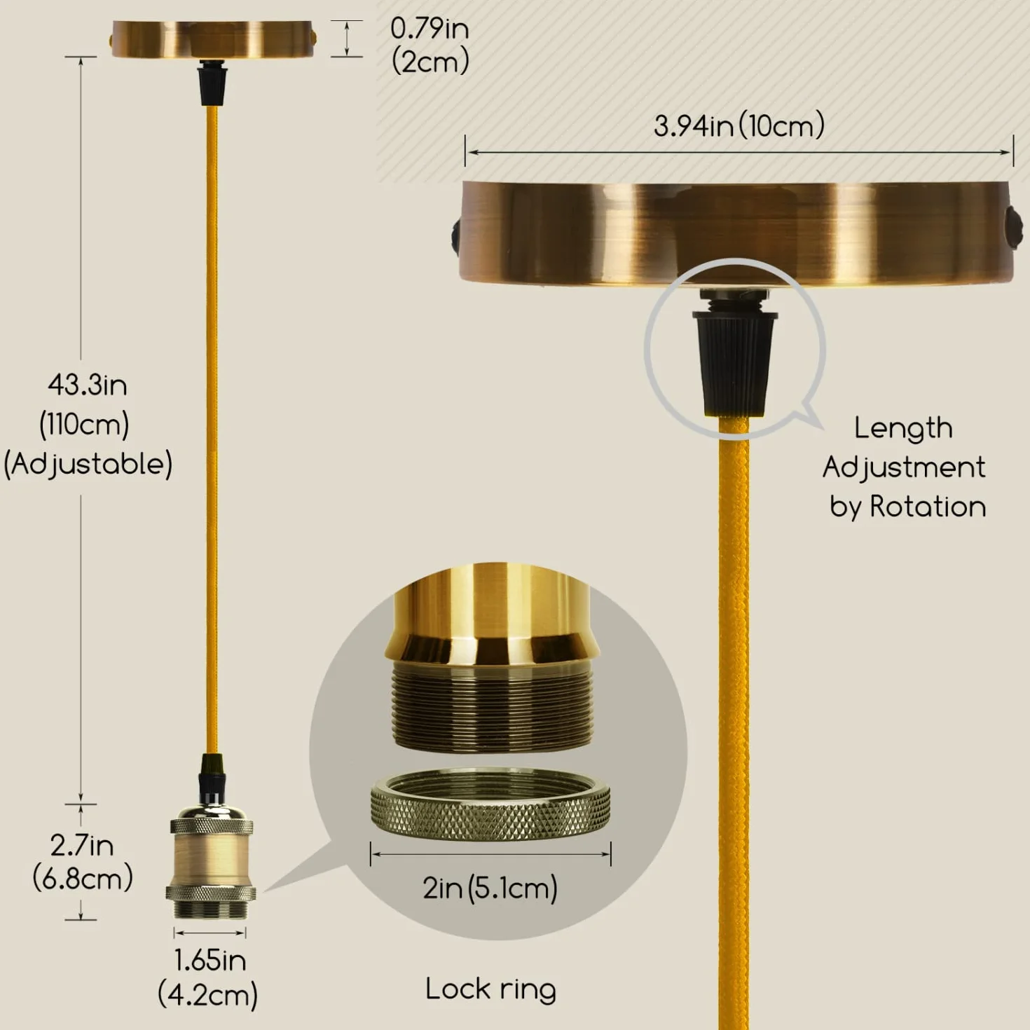 Aigostar Metalowy uchwyt na lampę wiszącą E27 vintage retro 100 cm brązowy