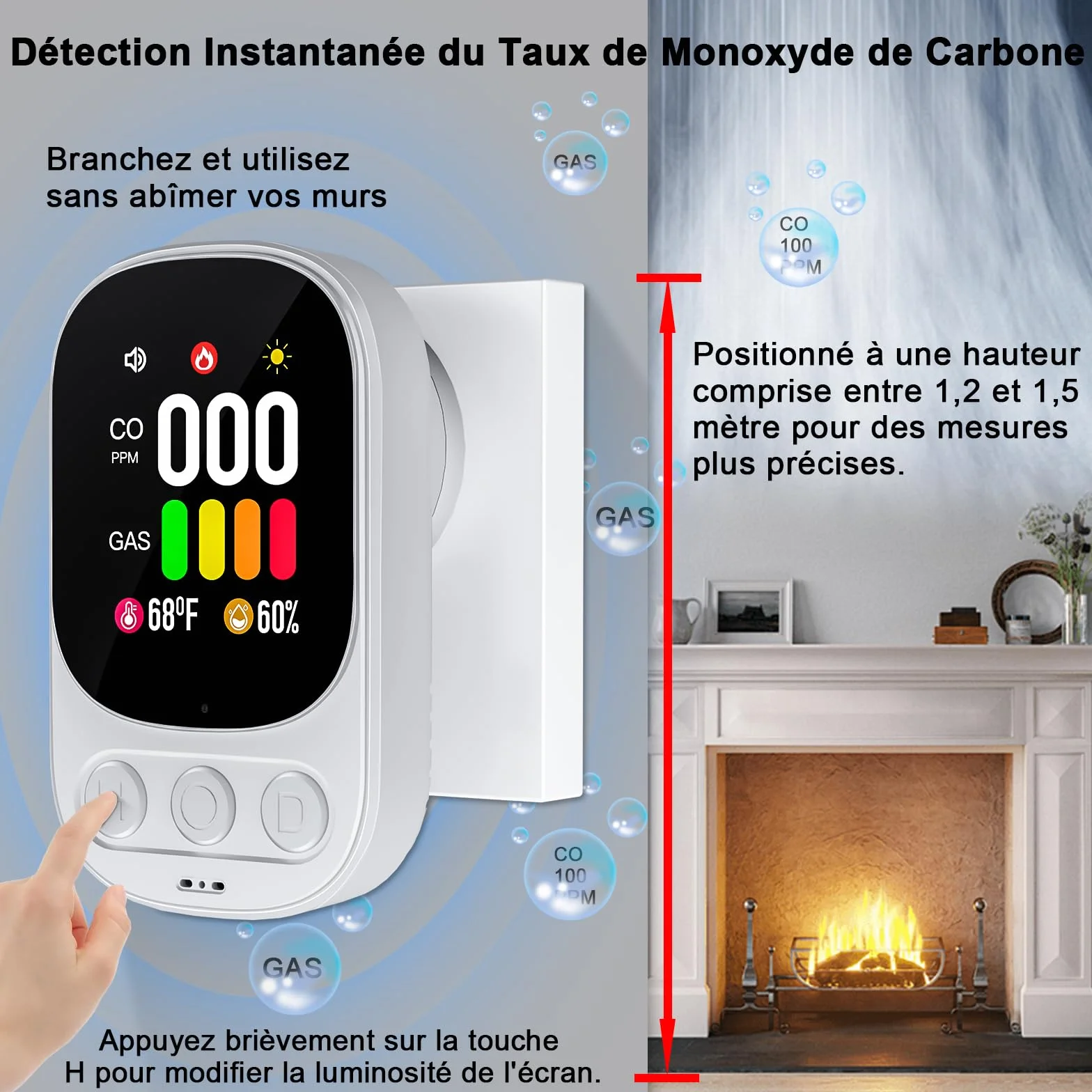 Detektor tlenku węgla 4 w 1 z wyświetlaczem temperatury i wilgotności, norma EN 50291, alarm 85 dB, biały