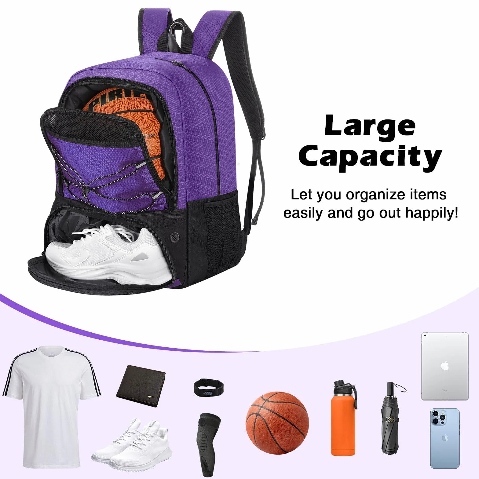 MoKo Basketball Bag Backpack, Soccer Backpack for Men & Women with Separate Ball and Shoes Compartments, Water-Resistant, Fence Hook, Sports Bag for Clothes, Shoes, Tablets, Laptops, Purple