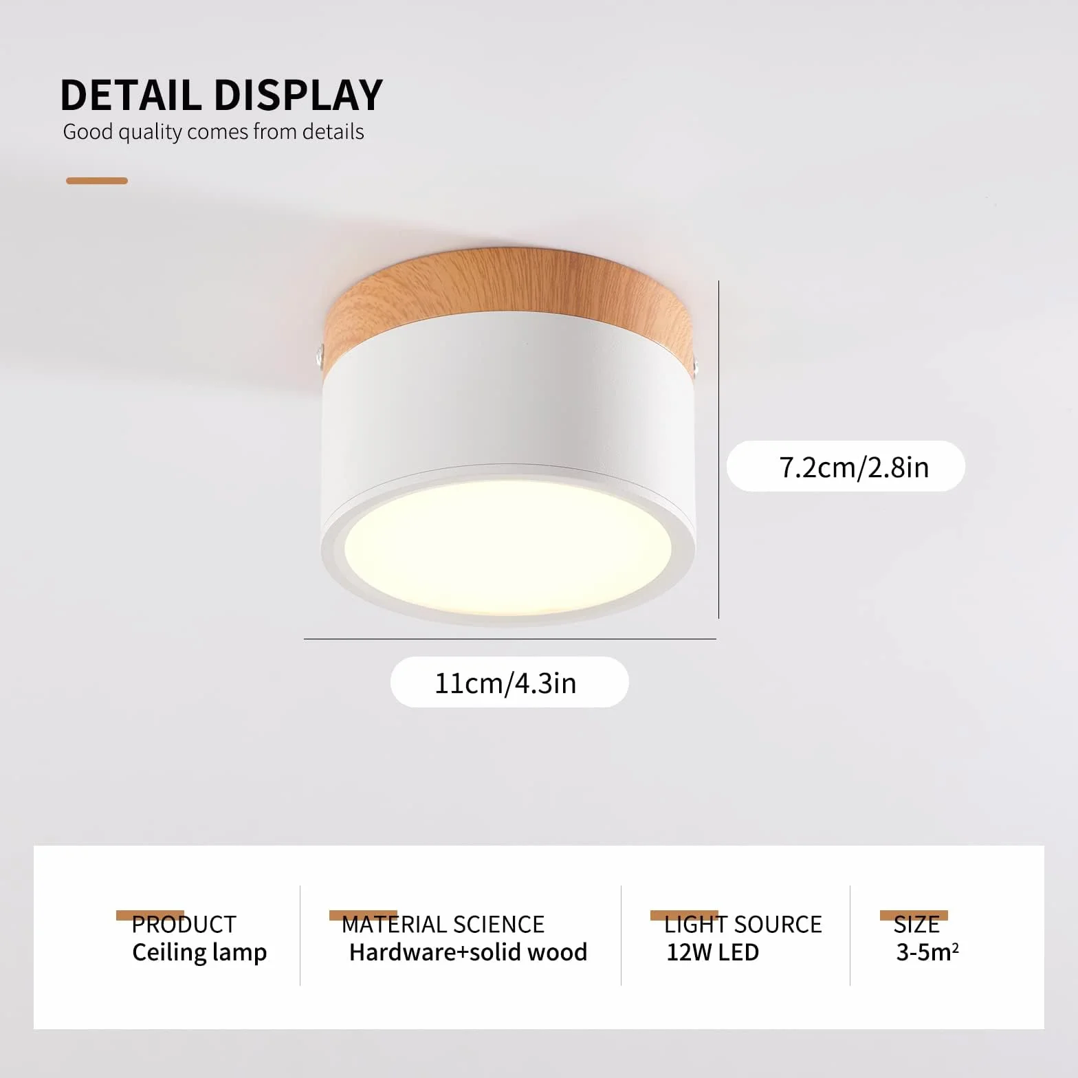 Lampa Sufitowa LED, Reflektor Natynkowy Dekor Drewniany, Mini Okrągła Biała Lampa Sufitowa, Ciepła Biel 3000 K, 12 W.