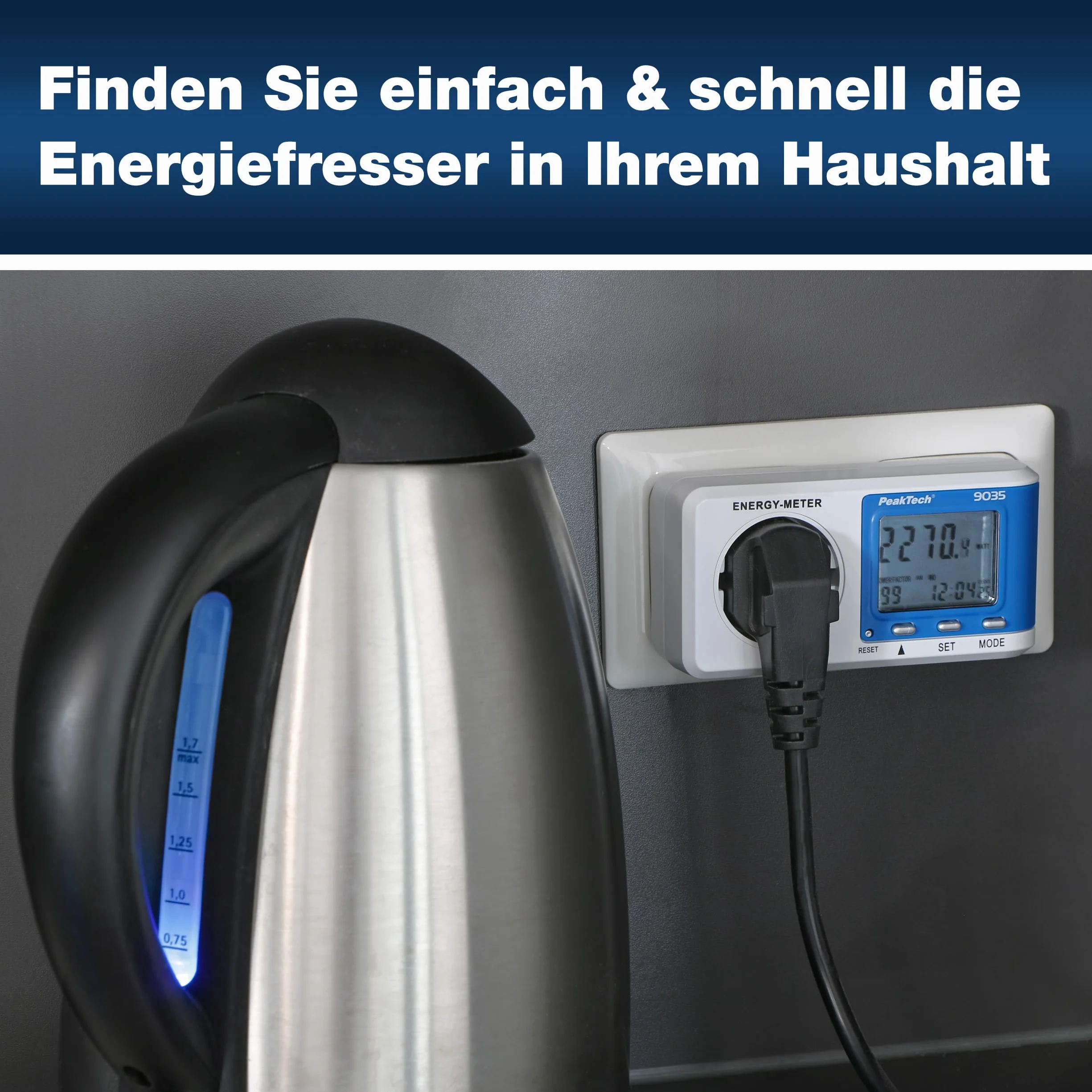 PeakTech P 9035 - Miernik kosztów energii ~ 0.005 A ... 16 000 A ~ 3680W ~ rozdzielczość 0.1W