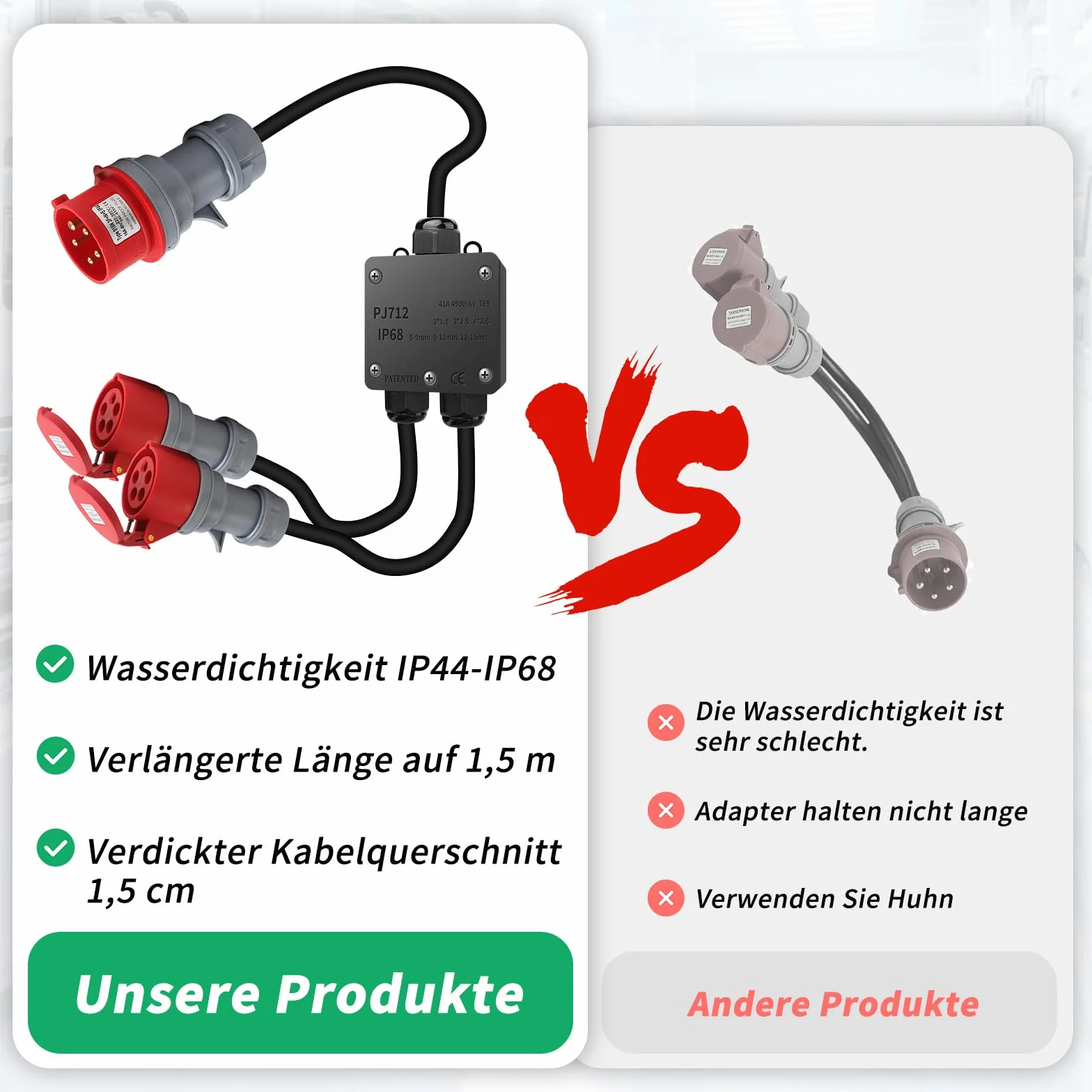 Adapter CEE 32 A na 16 A, 2 x gniazdo CEE 230 V 16 A, 5-biegunowy, przedłużacz IP44-68, rozdzielacz prądu 1,5 m