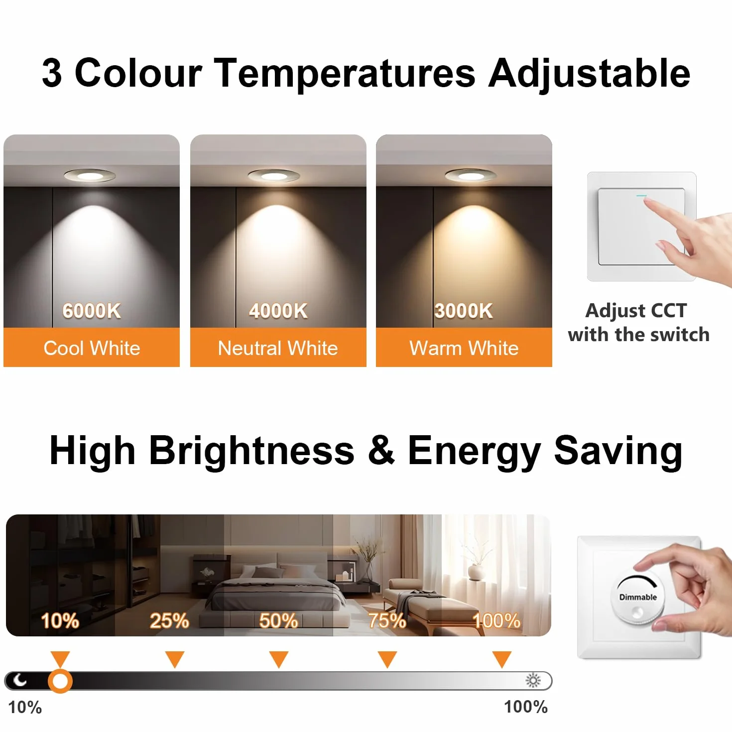 Reflektor LED Wpuszczany Ściemnialny 6W 680LM IP65 Ciepła Biel 3000K Neutralna 4000K Zimna 6000K Czarny 3 szt