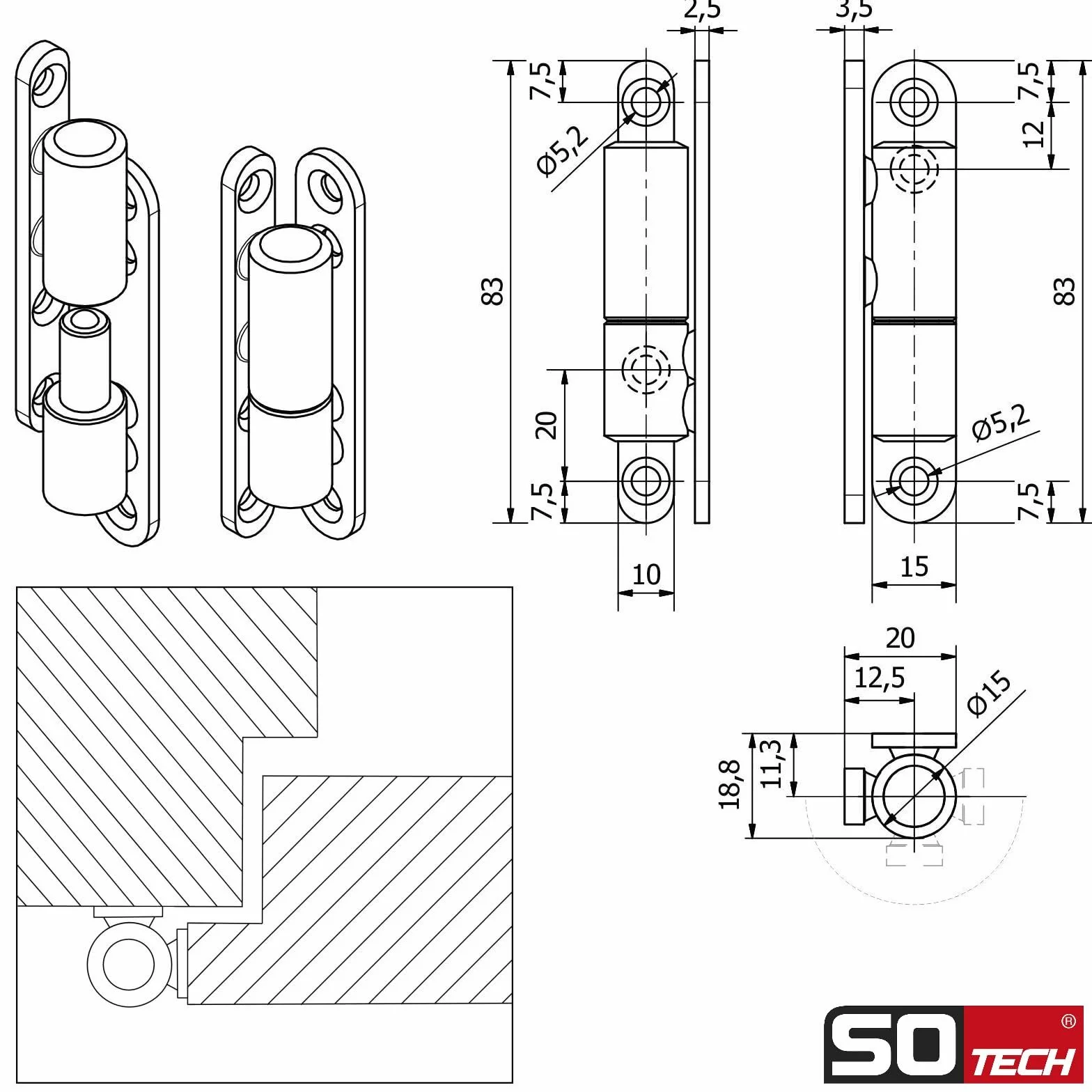 SOTECH Zawias renowacyjny do drzwi 15 x 83 mm stal ocynkowana